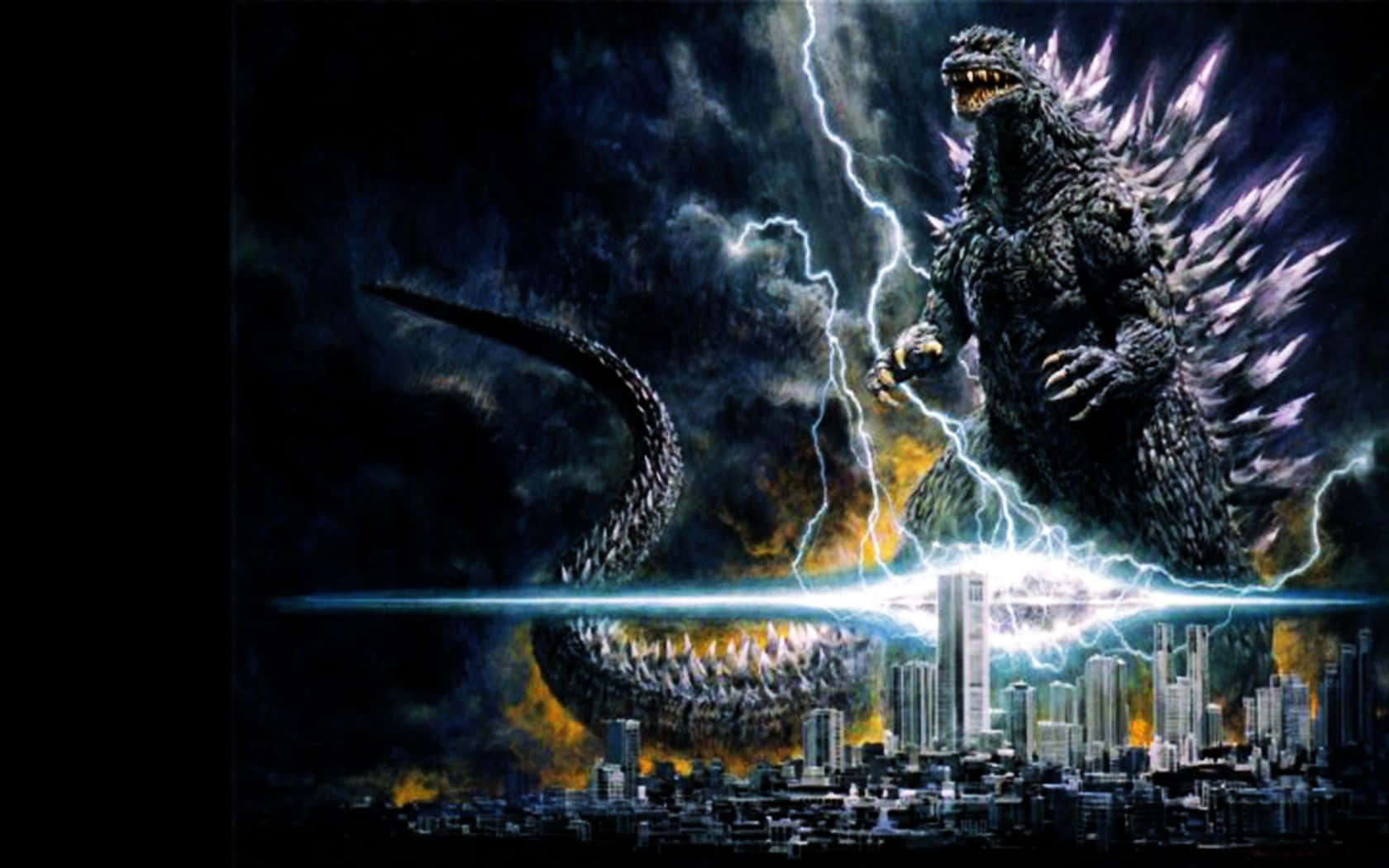 Godzilla Art 桌布 壁紙 — 哥吉拉站在城市天際線上，閃電在他周圍劈下，他帶刺的背部在暴風雨的天空下閃閃發光。
