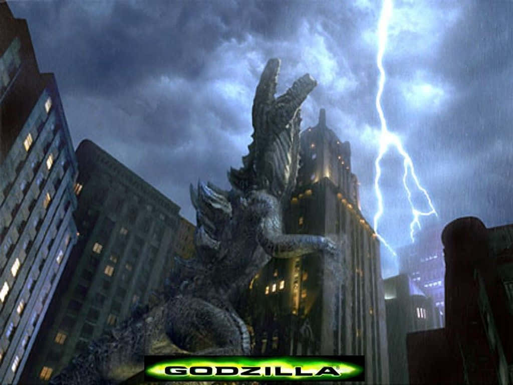 godzilla 1998 桌布 壁紙 — 哥吉拉聳立在雨中的城市上空，閃電劃破他身後暴風雨的天空。