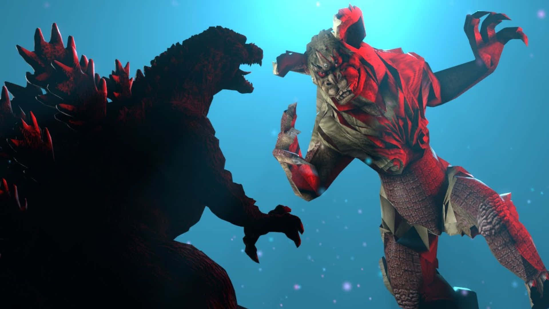 Godzilla Vs King Caesar 桌布 壁紙 — 哥吉拉與一個紅皮膚的怪物在一個發光藍色虛空中碰撞，周圍有漂浮的粒子。