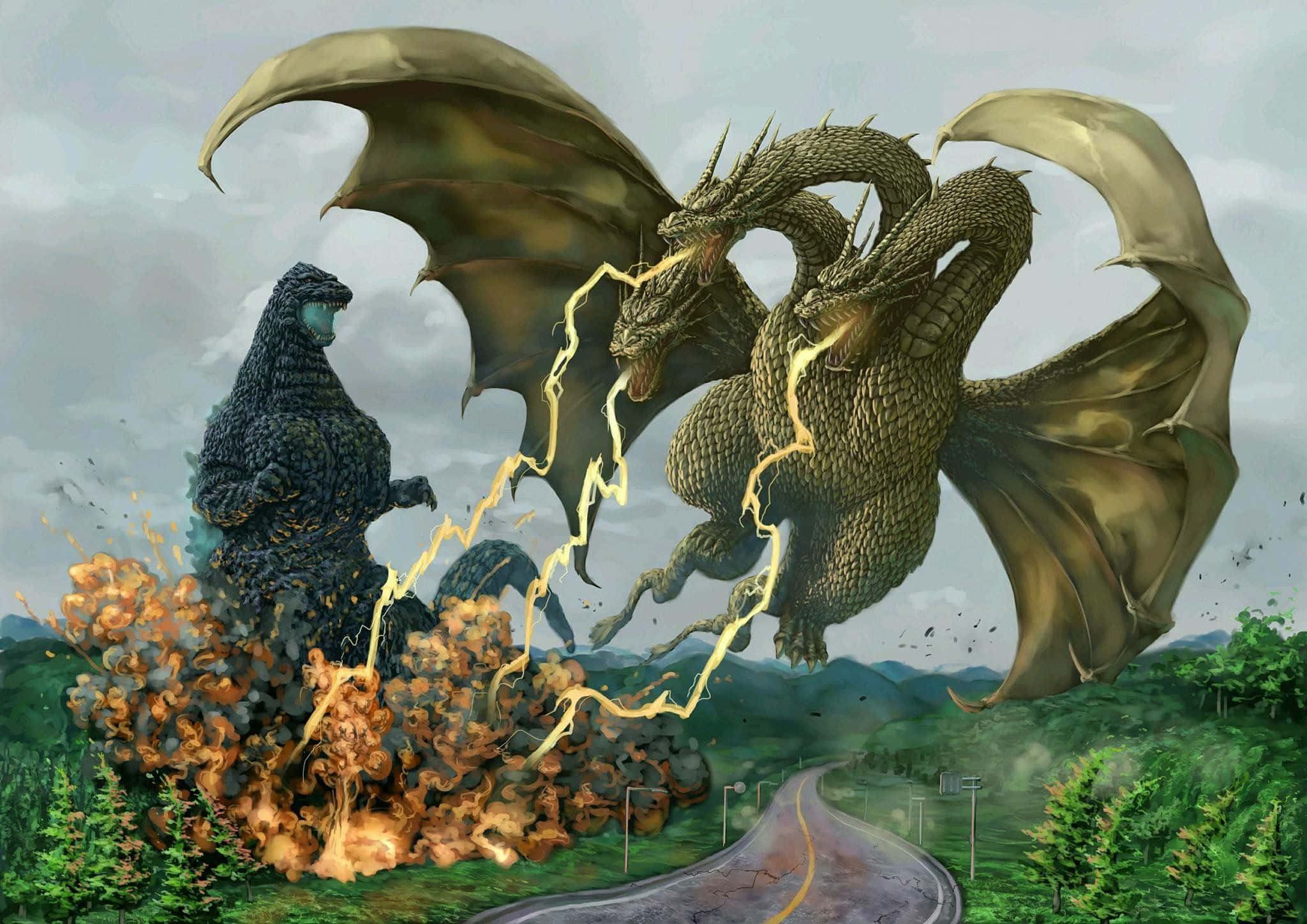 Godzilla Vs King Ghidorah 桌布 壁紙 — 哥吉拉與一隻巨大的三頭龍戰鬥，閃電在它們之間劈啪作響，越過蜿蜒穿過綠色山丘的道路。