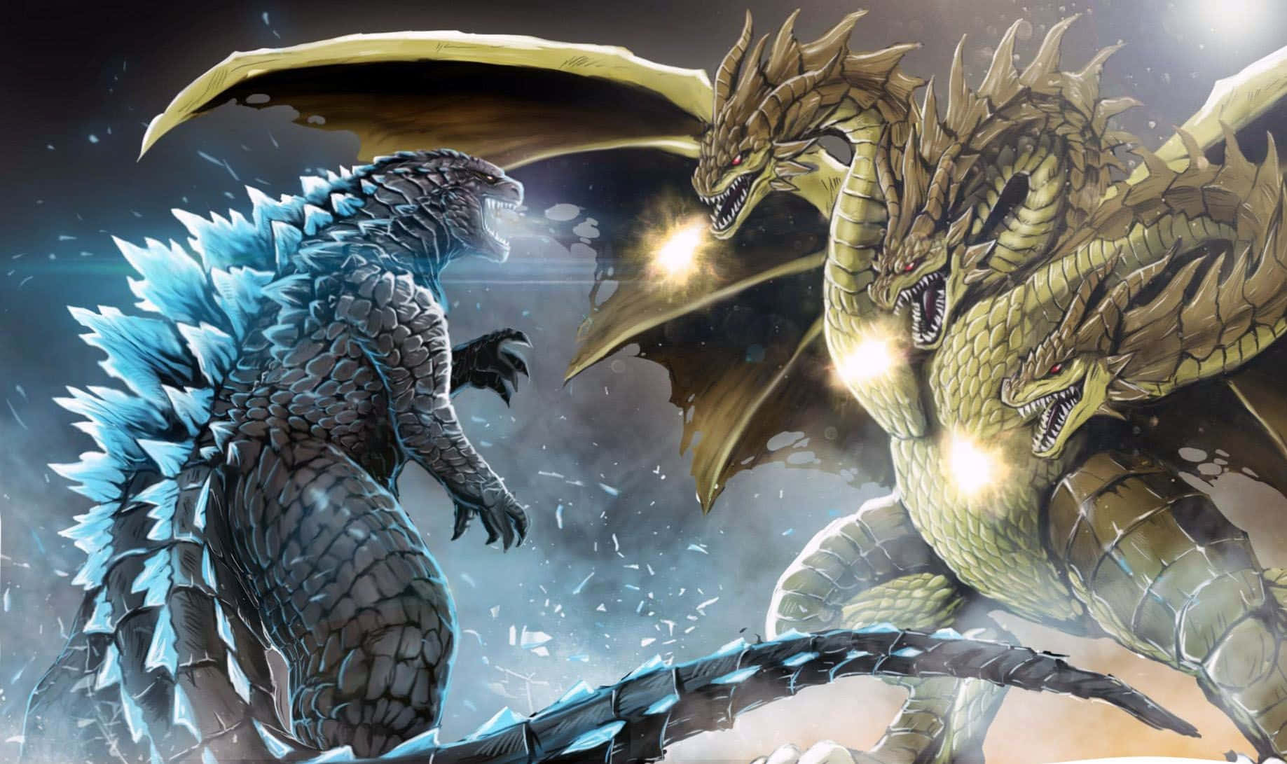 King Ghidorah 桌布 壁紙 — 哥吉拉與三頭金龍在宇宙戰鬥中對峙，眼睛發光，碎片四散。