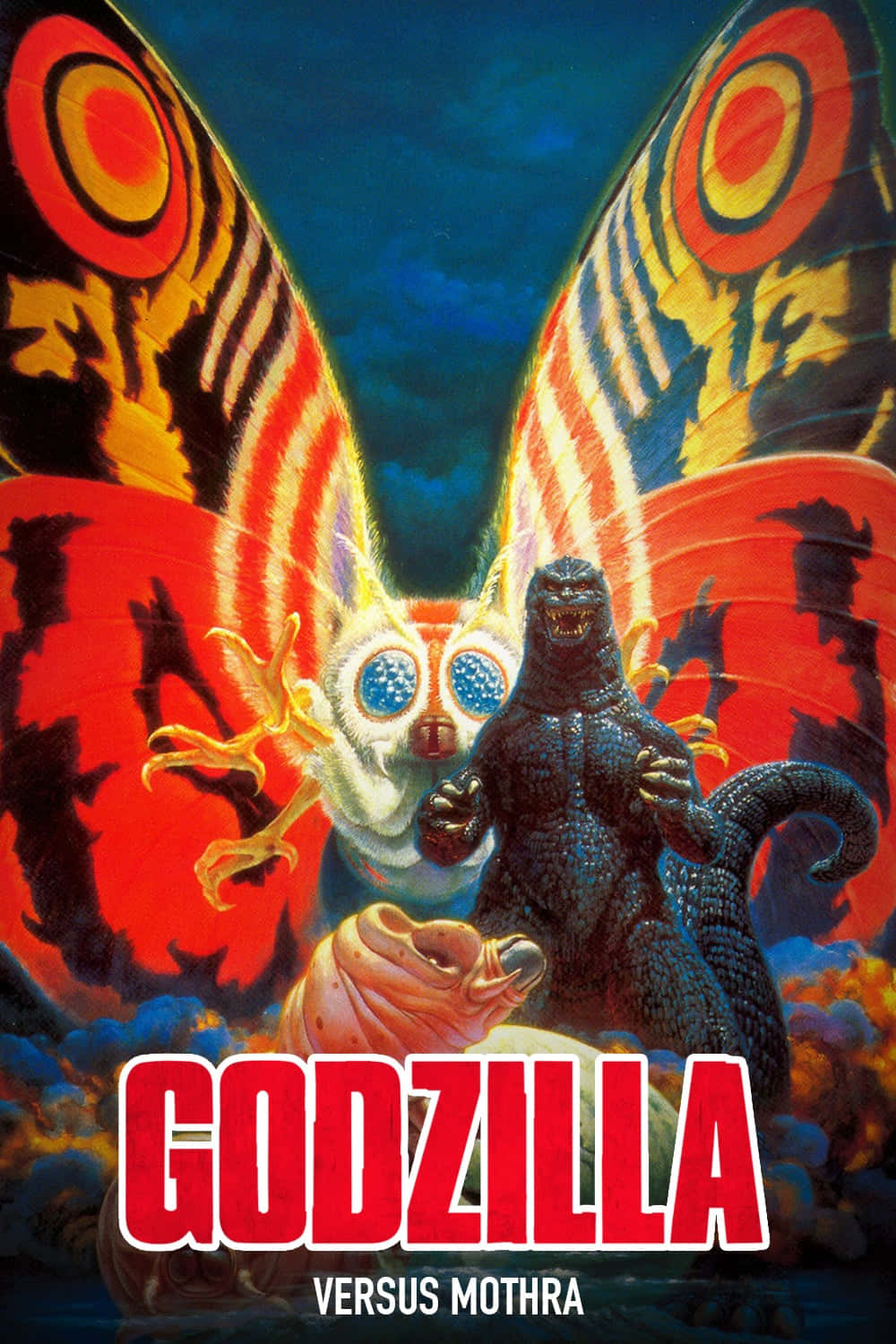 Godzilla Vs Mothra 桌布 壁紙 — 哥吉拉與巨型飛蛾摩斯拉在暴風雨的天空下對決，背景是火紅的雲層和發光的眼睛。