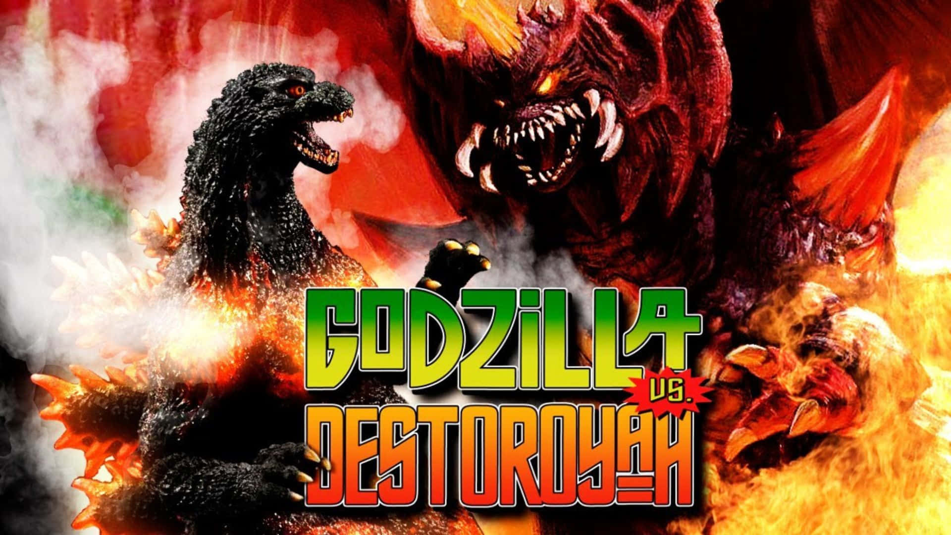 Godzilla Vs Destoroyah 桌布 壁紙 — 哥吉拉與戴斯特洛伊亞在煙霧和火焰爆發的烈火混亂中激烈衝突。