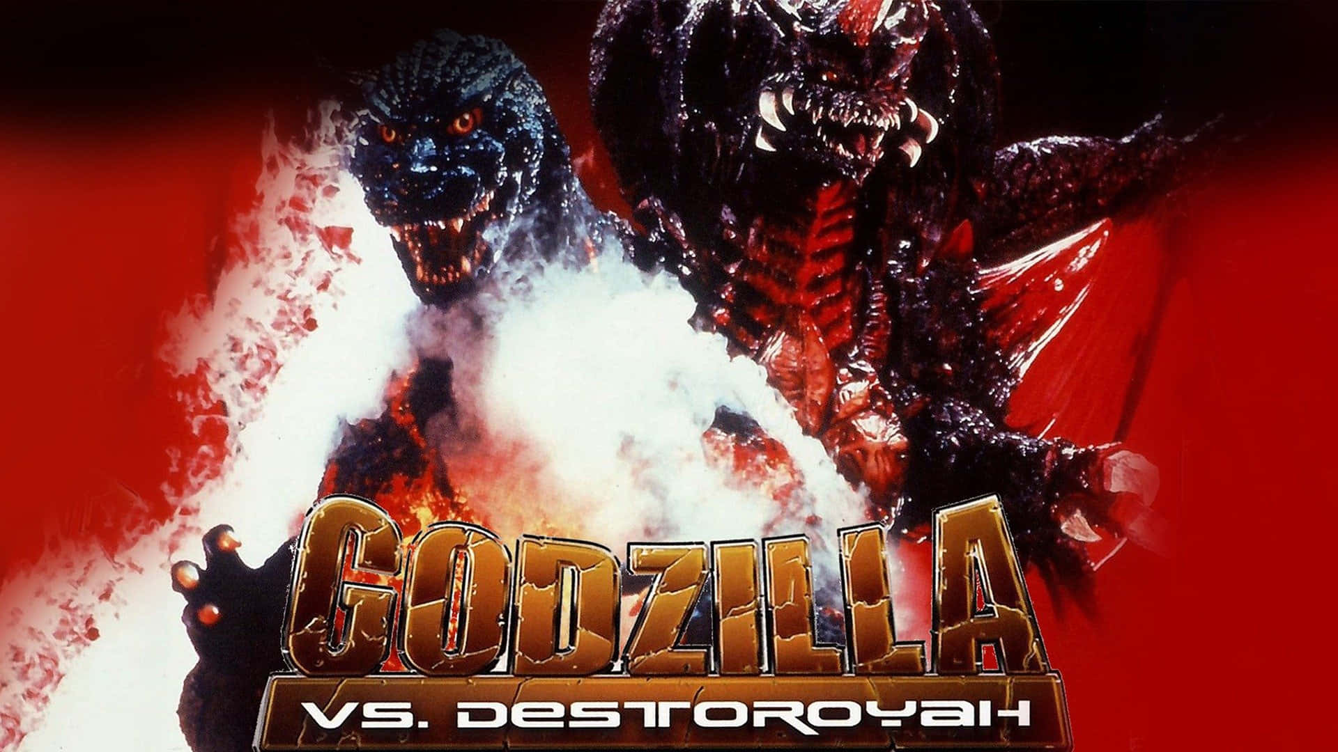 Godzilla Vs Destoroyah 桌布 壁紙 — 哥吉拉與戴斯特洛伊亞在血紅色背景前的猛烈爆炸中碰撞，並帶有粗體金色標題文字。