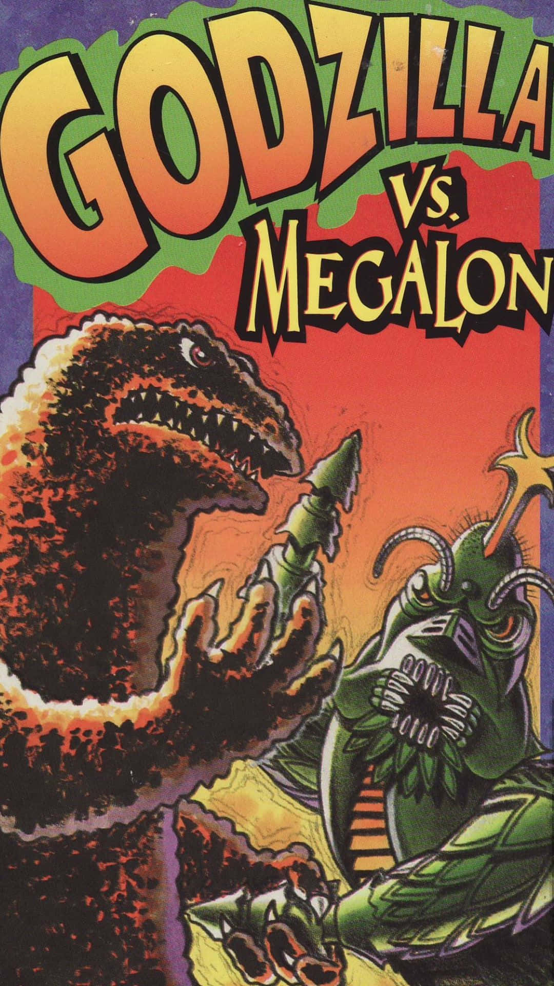 Godzilla Vs Megalon 桌布 壁紙 — 哥吉拉與梅加洛在橙紅色天空下以戲劇性漫畫風格激烈交戰。