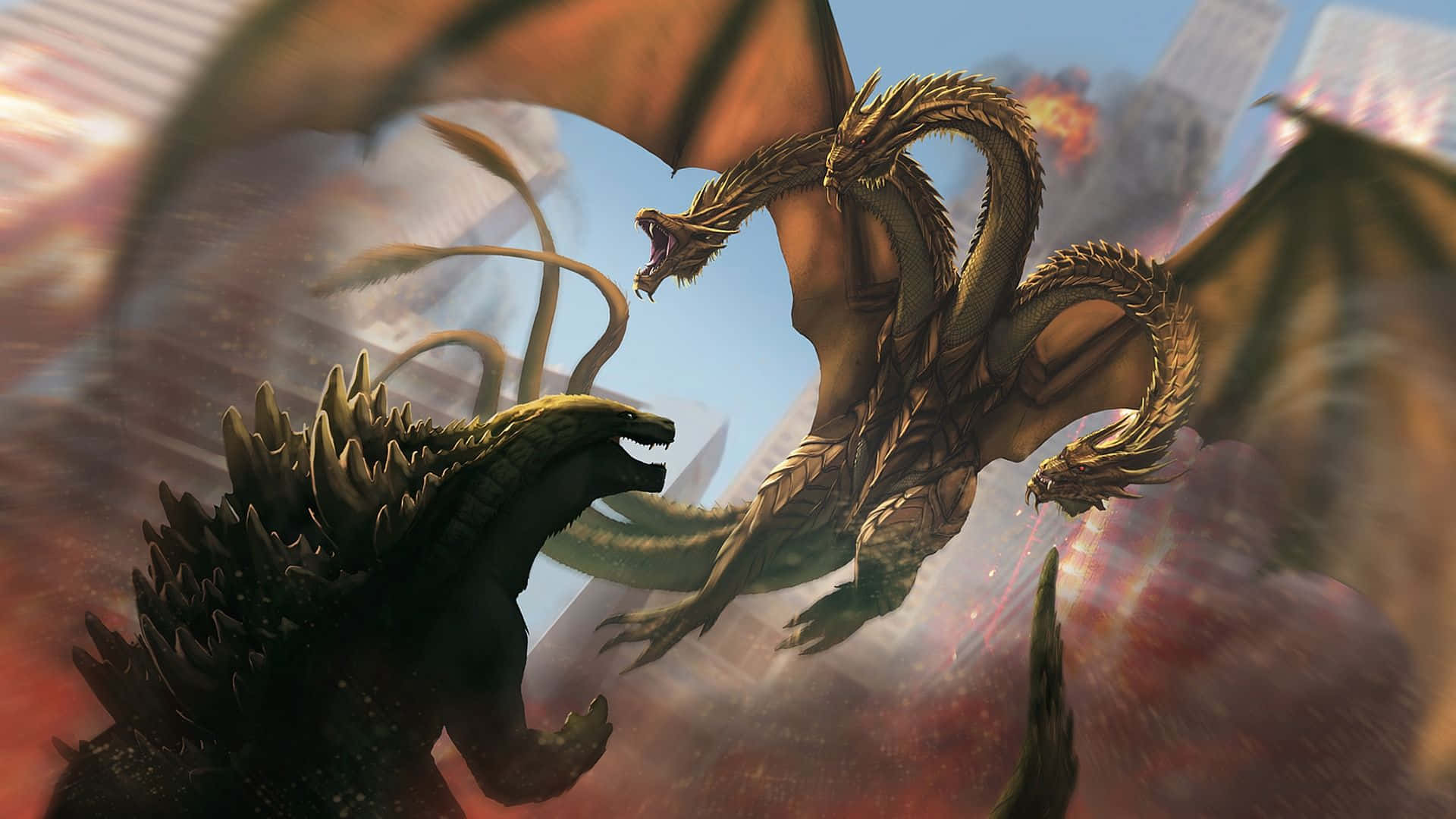 King Ghidorah 桌布 壁紙 — 哥吉拉與王者基多拉在一個燃燒的城市戰場上碰撞，摩天大樓崩塌，能量爆炸。