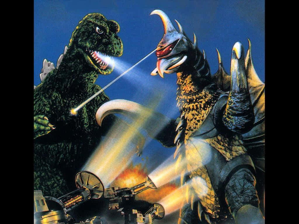 Gigan 桌布 壁紙 — 哥吉拉與王者基多拉在激烈的戰鬥中碰撞，他們的原子吐息在深藍色的天空中交匯。