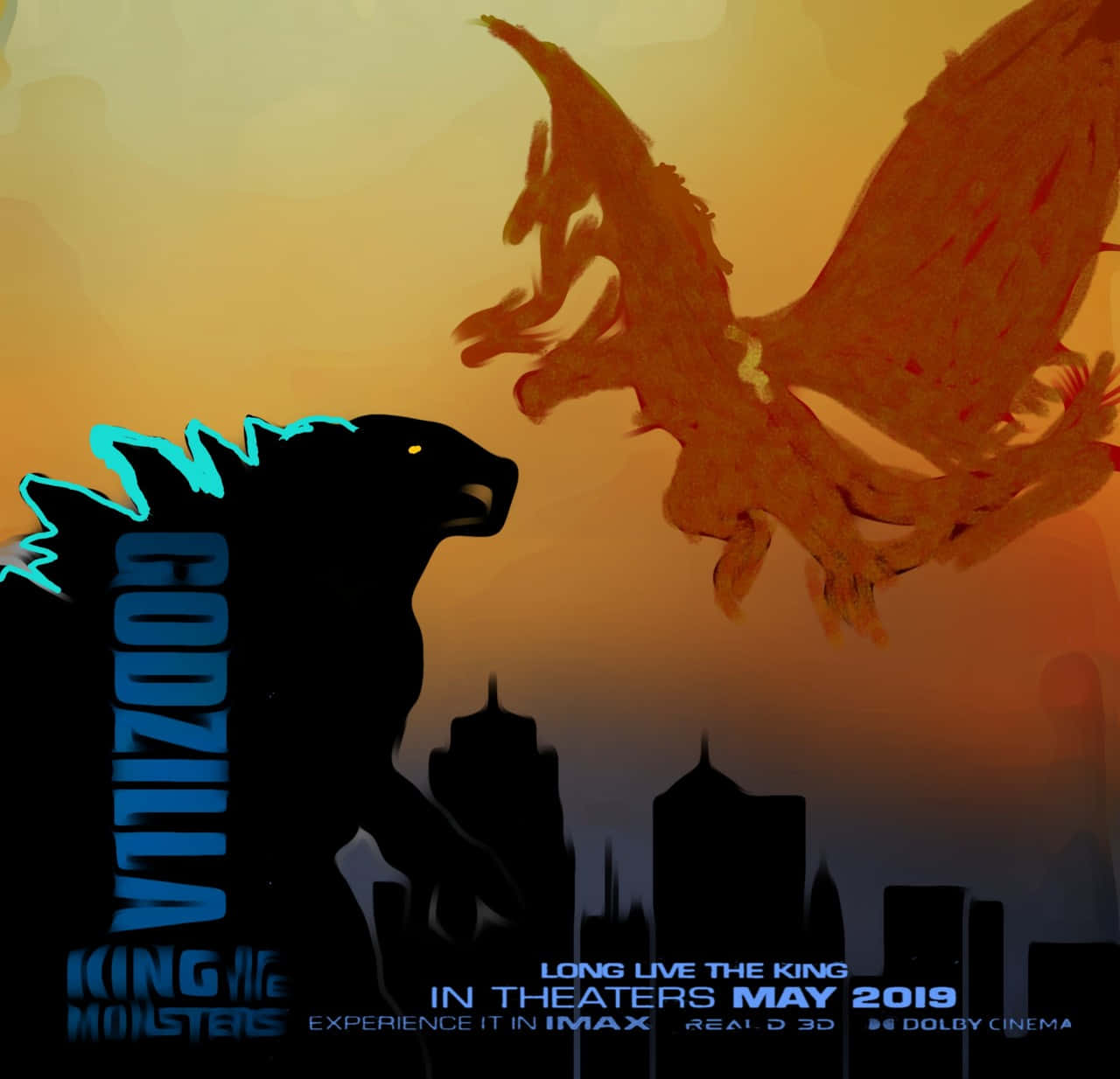 Godzilla Vs Rodan 桌布 壁紙 — 哥吉拉與王者基多拉在火紅的橙色夕陽下，於城市天際線上空對峙，眼睛發光，並帶有粗體電影文字。