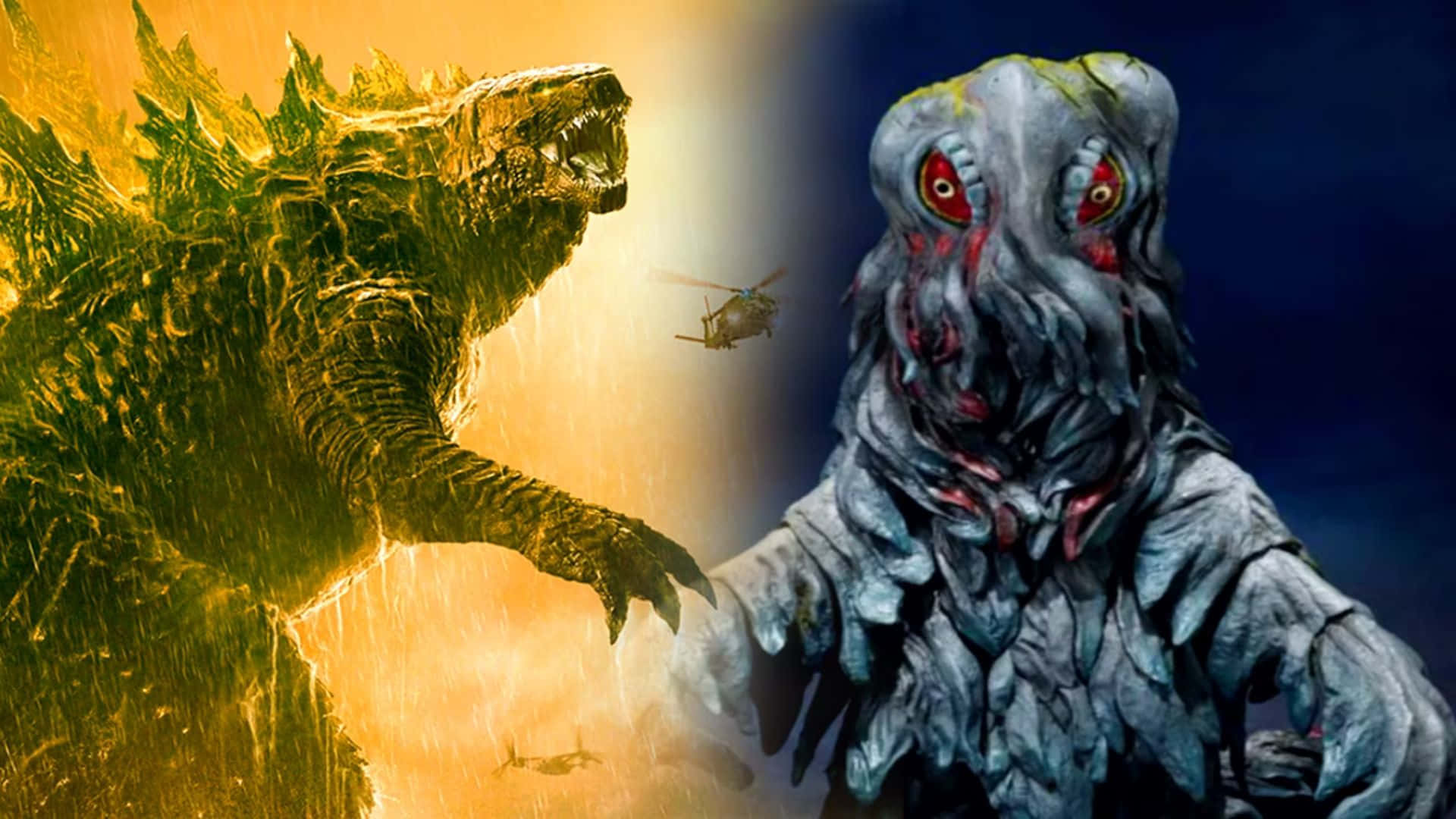 Godzilla Vs Hedorah 桌布 壁紙 — 哥吉拉與王者基多拉在熾熱的衝突中對峙，直升機在它們之間飛過，形成戲劇性的電影戰鬥場景。