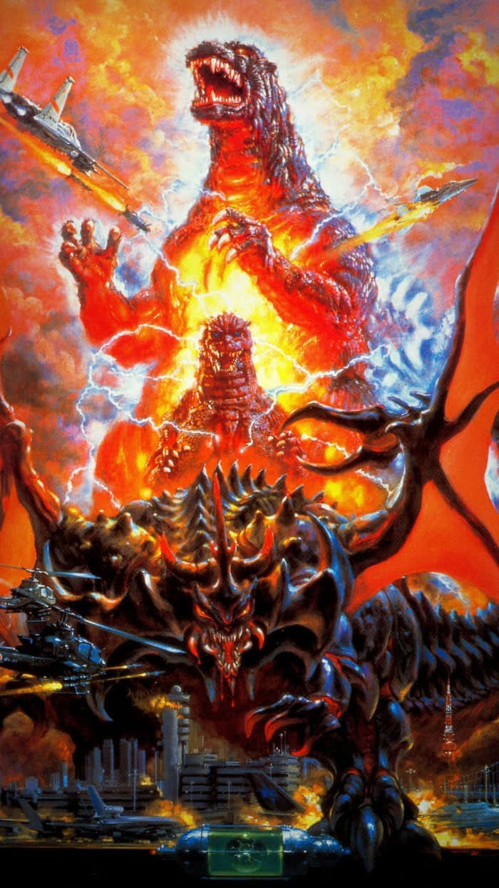 Burning Godzilla 桌布 壁紙 — 哥吉拉與王者基多拉在燃燒的城市景觀上空，於熾熱的爆炸和閃電中戰鬥。