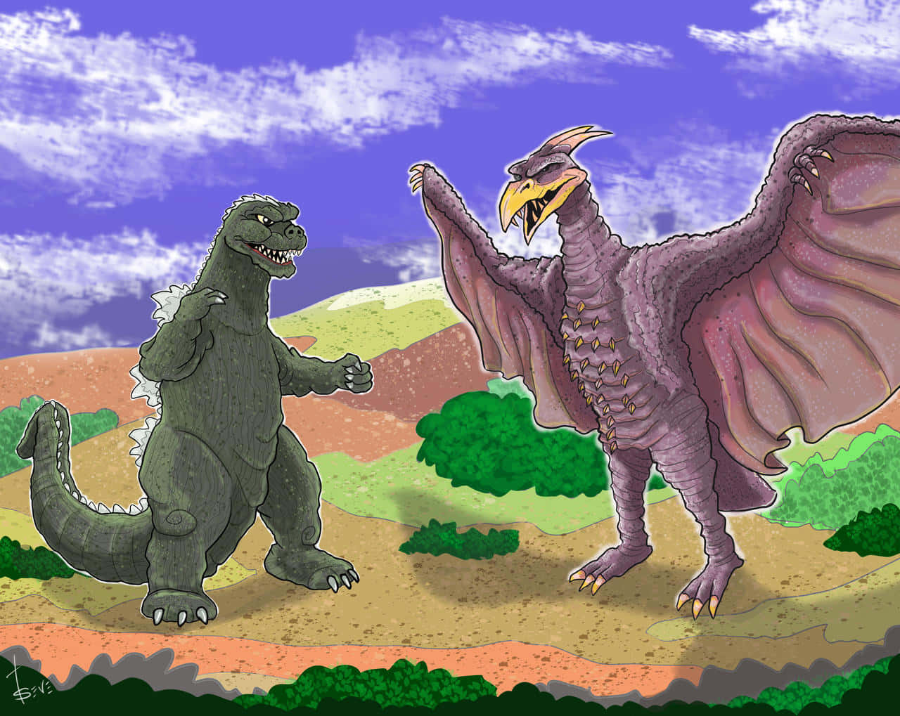 Godzilla Vs Rodan 桌布 壁紙 — 哥吉拉與王者基多拉在紫色天空下，於色彩繽紛的丘陵景觀中進行一場充滿活力的插畫戰鬥。