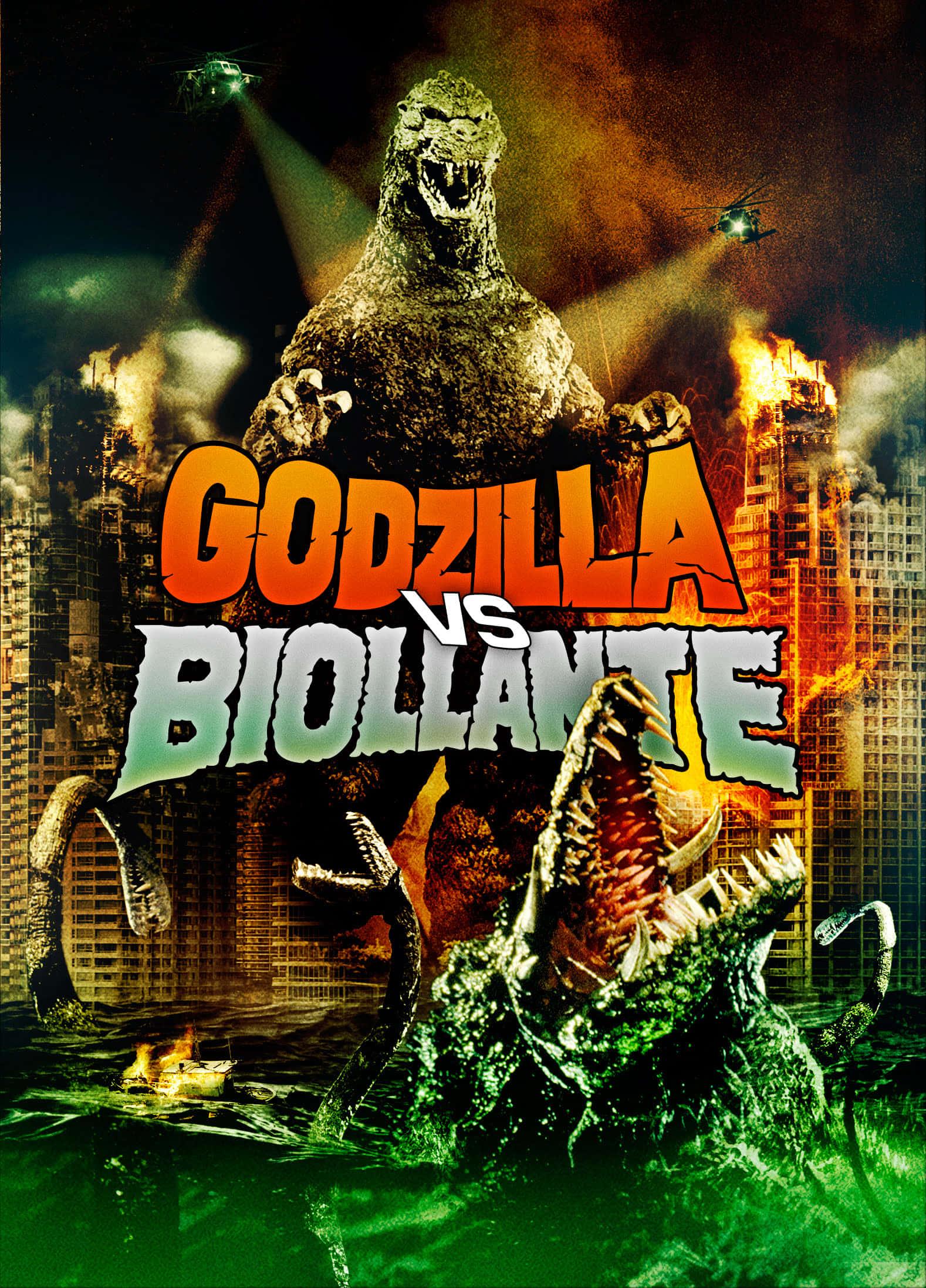 Godzilla Vs Biollante 桌布 壁紙 — 哥吉拉與碧奧蘭蒂在燃燒的摩天大樓中戰鬥，直升機在混亂的城市末日中發射光束。