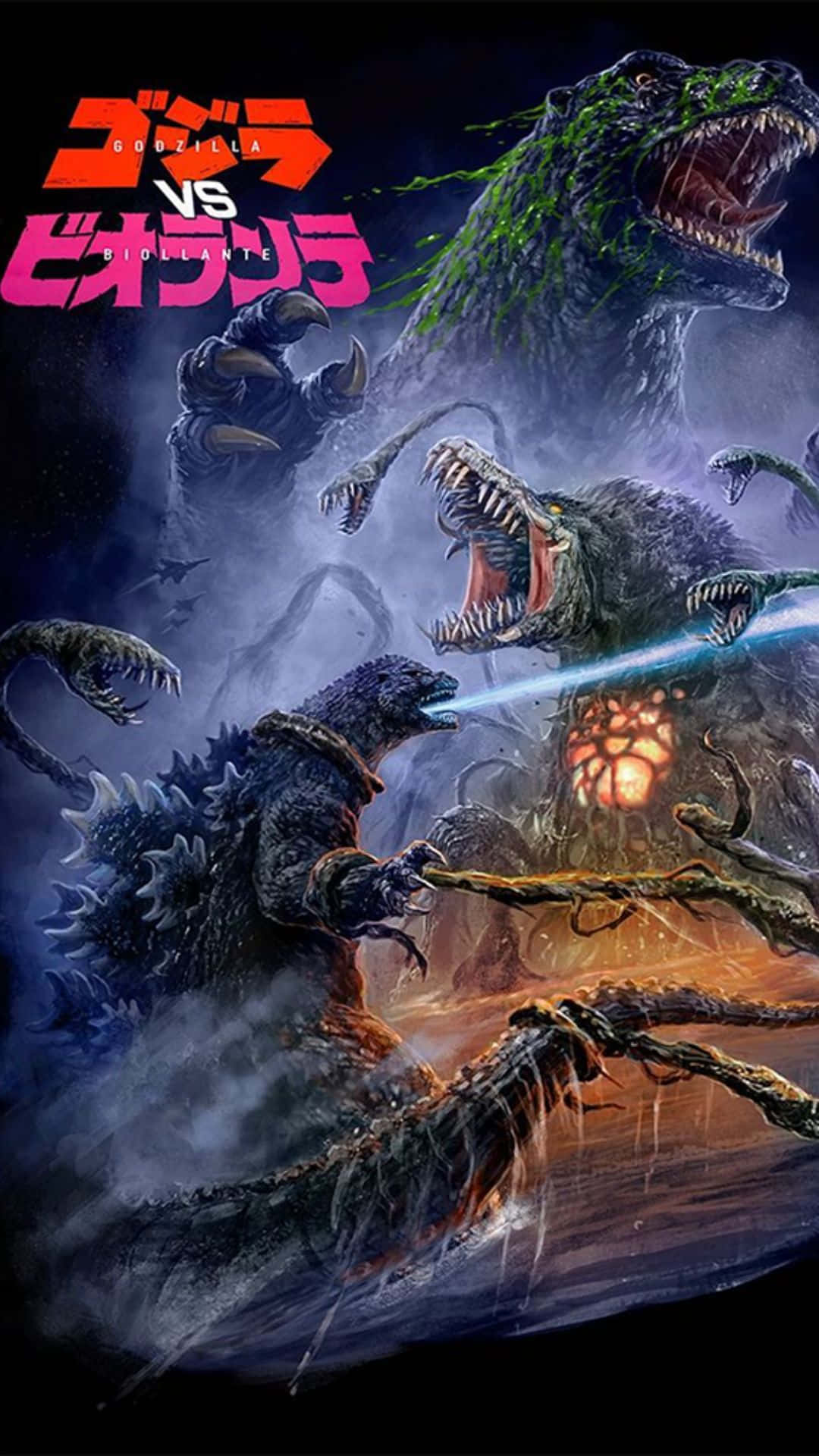 Godzilla Vs Biollante 桌布 壁紙 — 哥吉拉與碧奧蘭蒂在黑暗風暴的戰鬥中碰撞，眼睛發光並發出電擊光束。