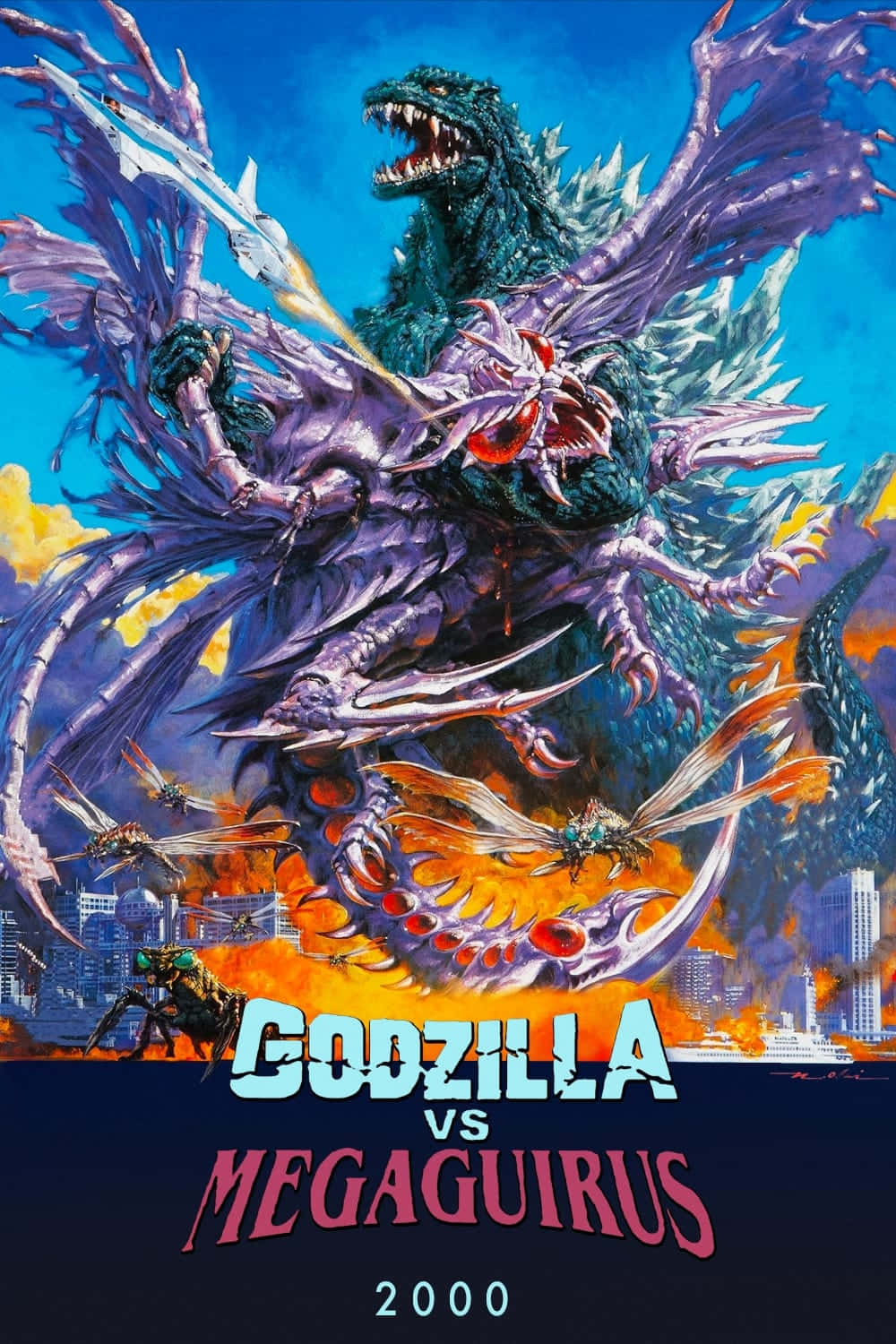 Godzilla Vs Megaguirus 桌布 壁紙 — 哥吉拉與紫色翅膀的Megaguirus在燃燒的城市景觀上空戰鬥，伴隨著戰鬥機和爆炸。