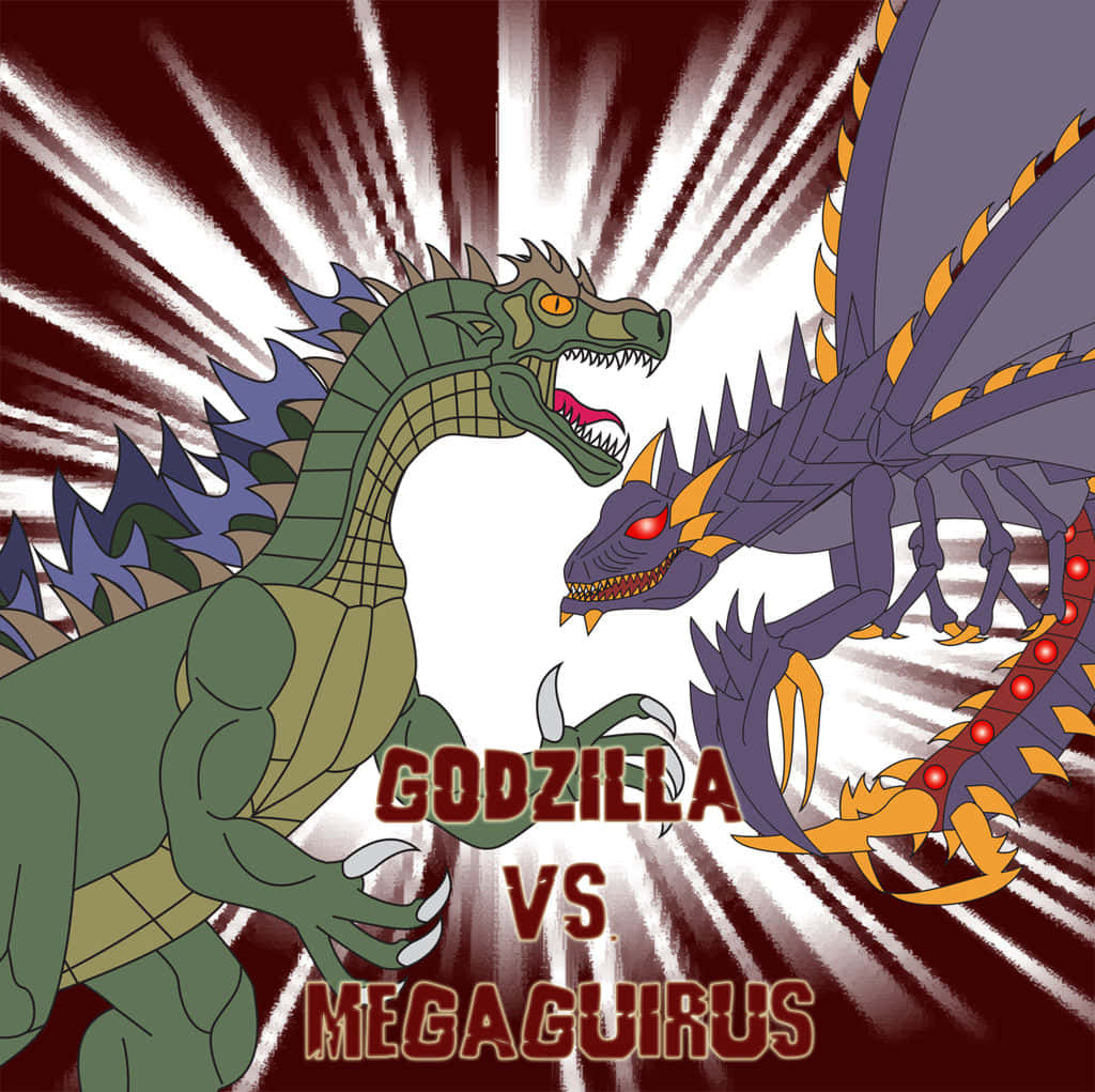 Godzilla Vs Megaguirus 桌布 壁紙 — 哥吉拉與美加基拉斯在一個動態的動漫戰鬥場景中對峙，身後散發著爆炸性的能量光束。