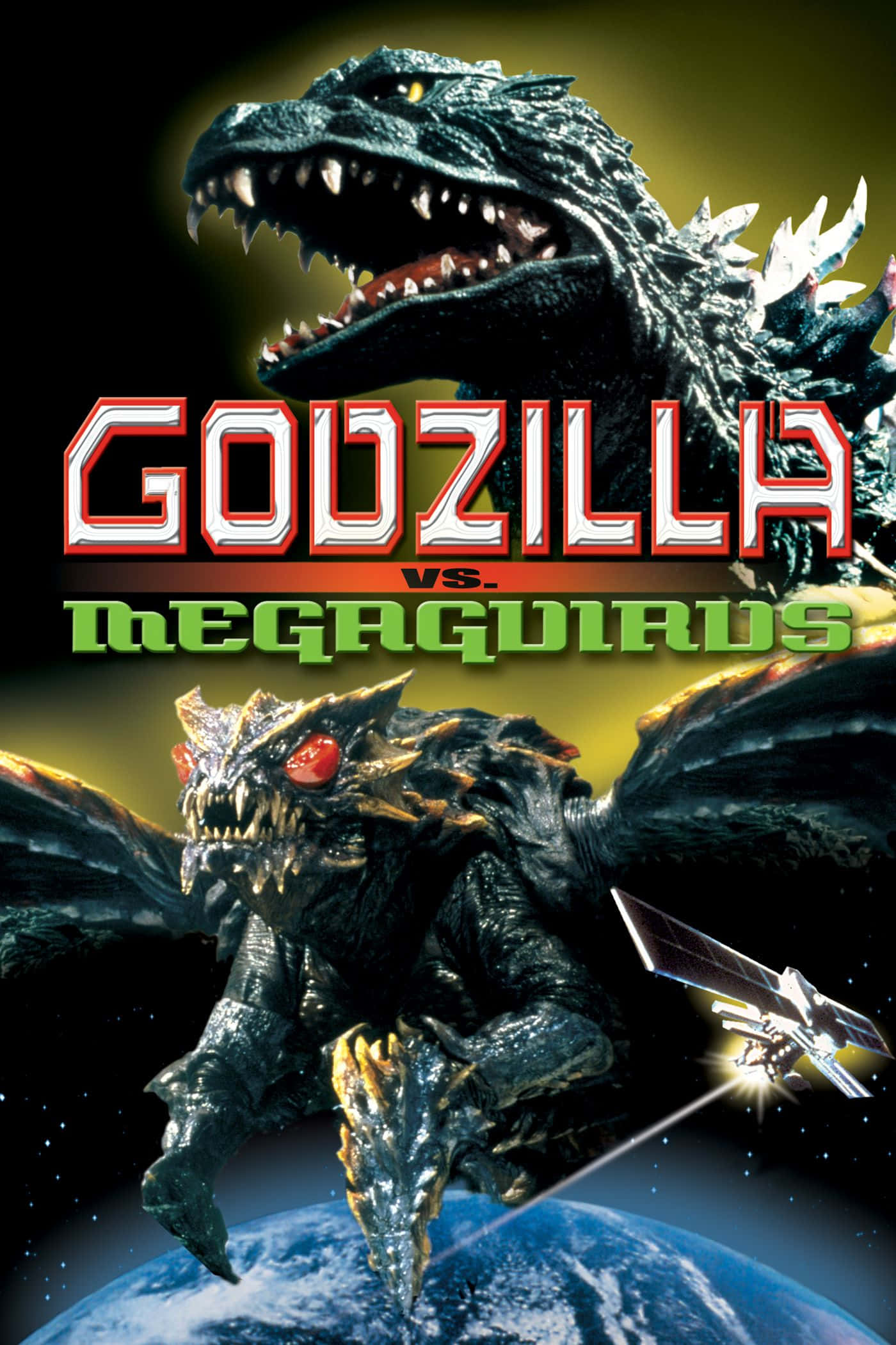 Godzilla Vs Megaguirus 桌布 壁紙 — 哥吉拉與美加基拉斯在地球上空交鋒，衛星在宇宙背景中發射。