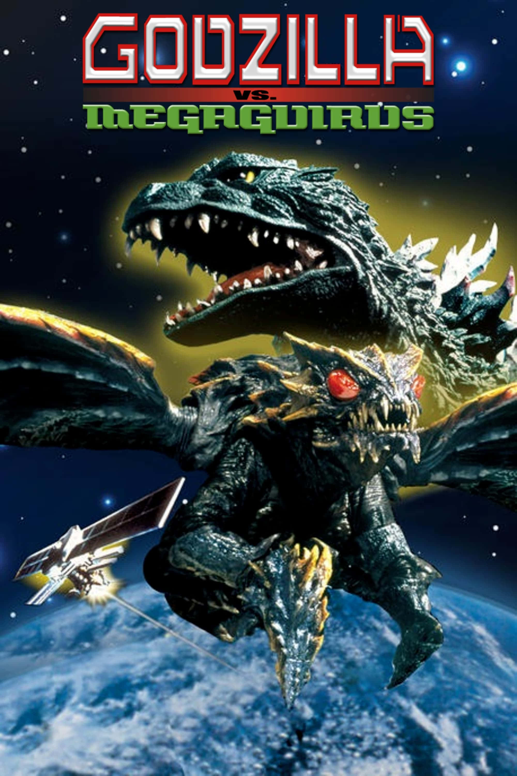 Godzilla Vs Megaguirus 桌布 壁紙 — 哥吉拉與美加基拉斯在地球上空的太空中碰撞，一顆衛星正在向他們開火。