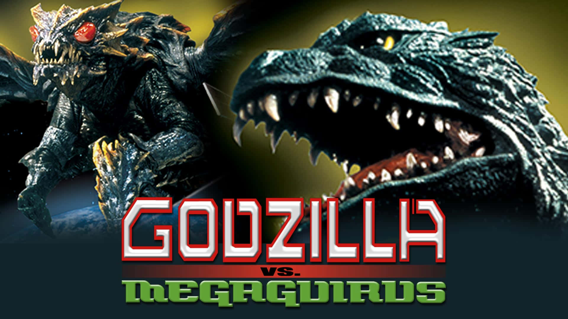 Godzilla Vs Megaguirus 桌布 壁紙 — 哥吉拉與美加基拉斯在黑暗背景下，以發光的眼睛和鋒利的牙齒展開一場戲劇性的電影式對決。