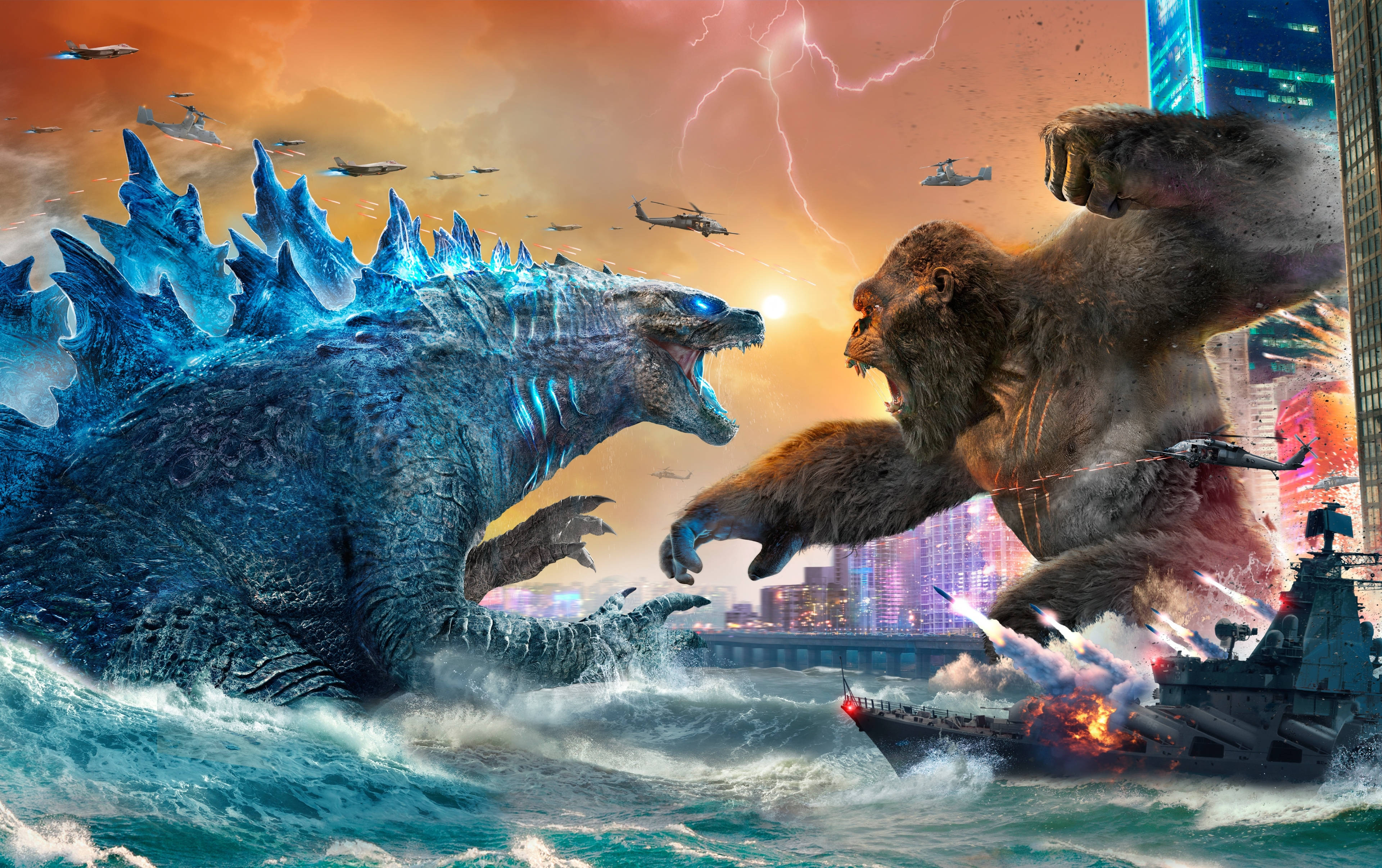 Godzilla Vs Kong 桌布 壁紙 — 哥吉拉與金剛在暴風雨的城市景觀中碰撞，軍艦爆炸，戰鬥機從頭頂飛過。