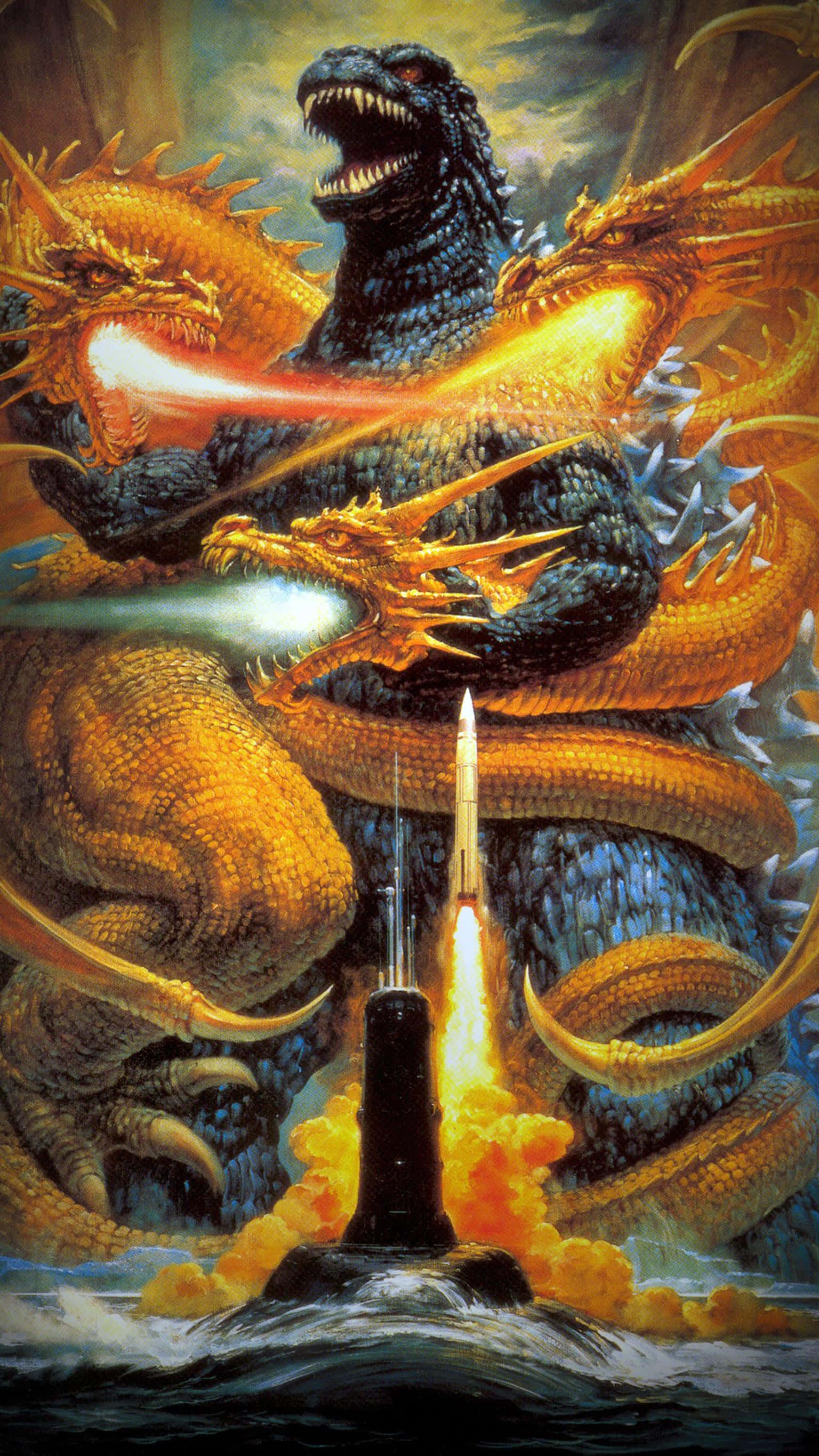 Godzilla 2000 桌布 壁紙 — 哥吉拉與金龍戰鬥，同時潛艇在熾熱的海洋水域中發射導彈。