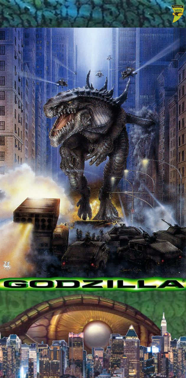 godzilla 1998 桌布 壁紙 — 哥吉拉踩過廢墟城市，直升機發射光束，坦克在發光的天空下前進。
