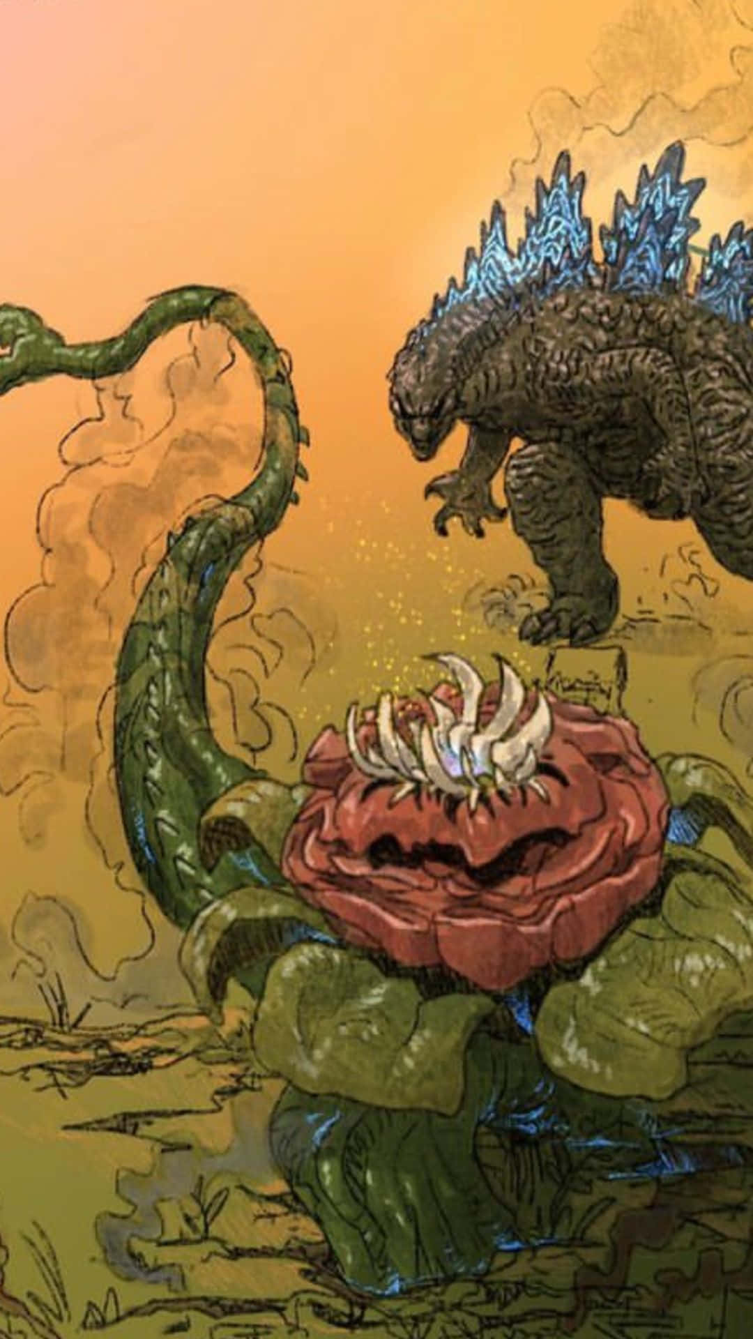 Godzilla Vs Biollante 桌布 壁紙 — 哥吉拉面對一棵巨大的食肉植物，植物有發光的白色牙齒，背景是熾熱的橙色天空。