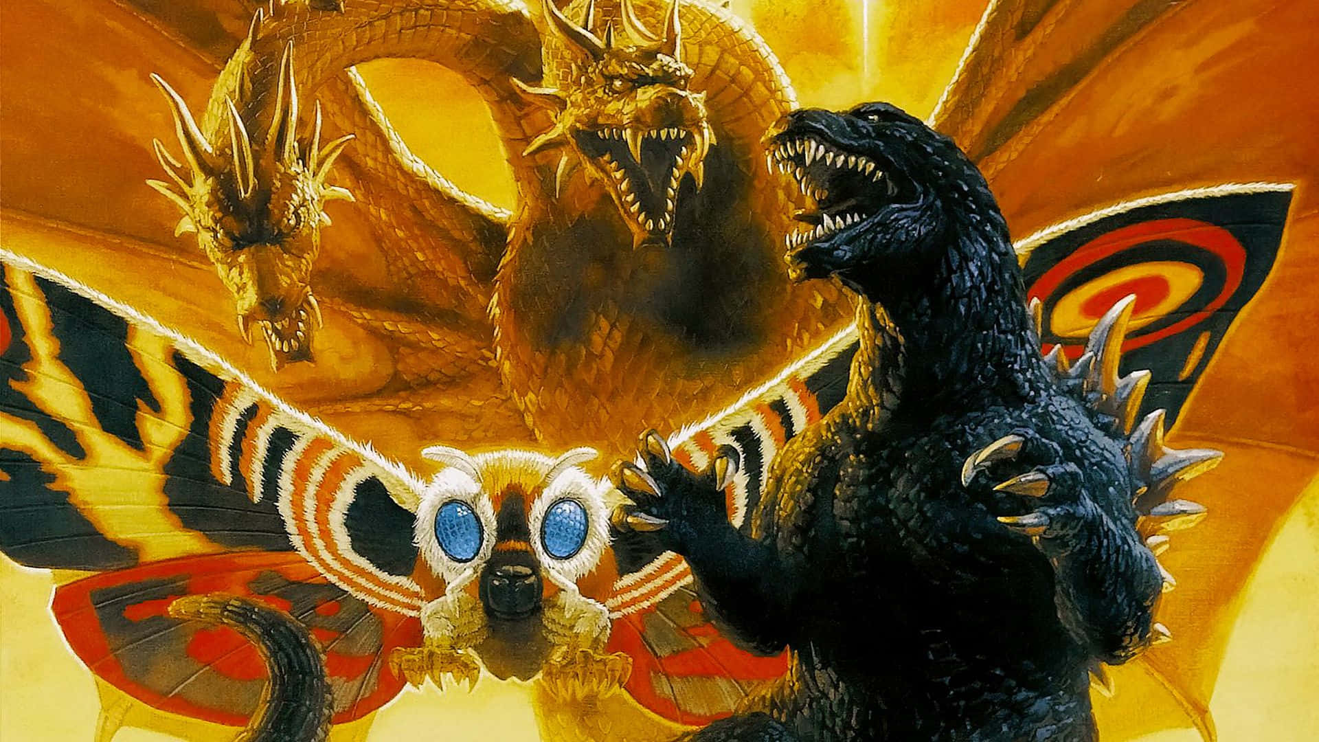 Godzilla 2000 桌布 壁紙 — 哥吉拉面對一隻金色三頭龍和一隻發著藍光的蛾狀生物，背景是熾熱的橙色。