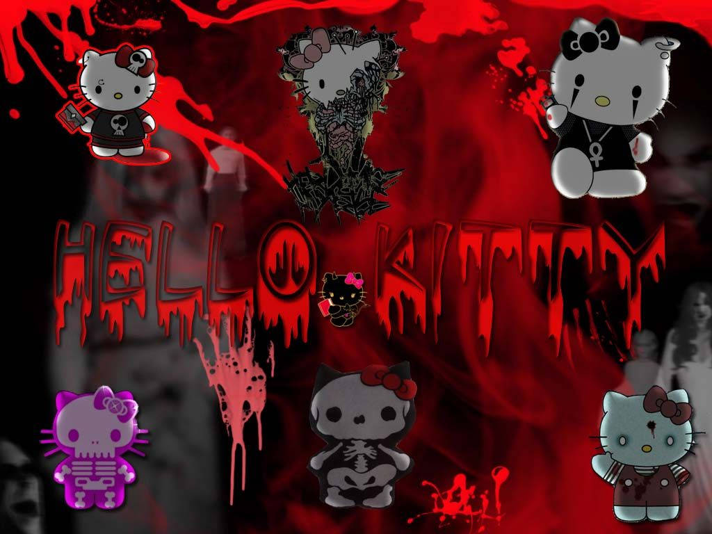 Hello Kitty Halloween 桌布 壁紙 — 哥德式Hello Kitty角色，帶有骷髏頭和血跡，背景為深紅色滴落效果。