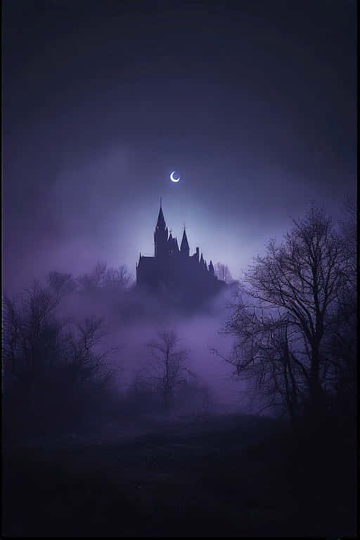 Dark Fantasy Castle in Mist 4K 壁紙 — 哥德式城堡剪影從紫色迷霧中浮現，在彎月下呈現出令人難忘的夜景。