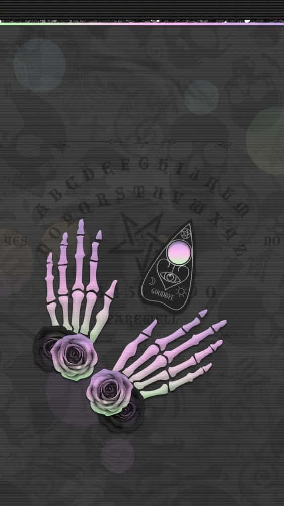 Witchy Phone 桌布 壁紙 — 哥德式壁紙，紫色骷髏手拿著玫瑰和通靈板，背景為黑暗神秘。