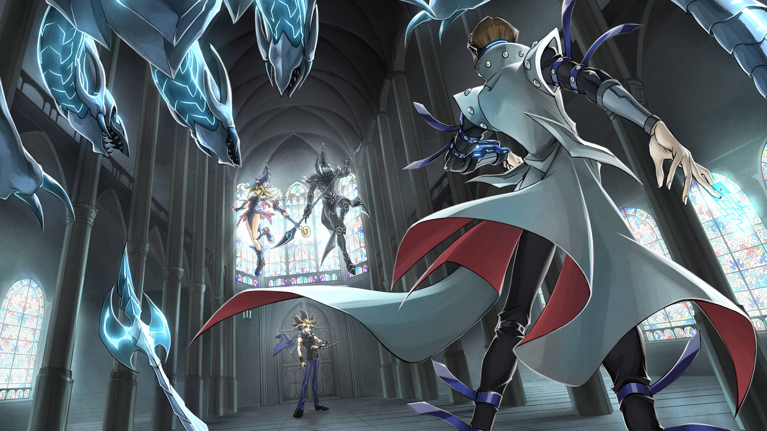 kaiba 桌布 壁紙 — 哥德式大教堂內的戲劇性動畫場景，一個披著斗篷的人物在彩色玻璃窗附近對抗發光的藍色龍形生物和其他角色。