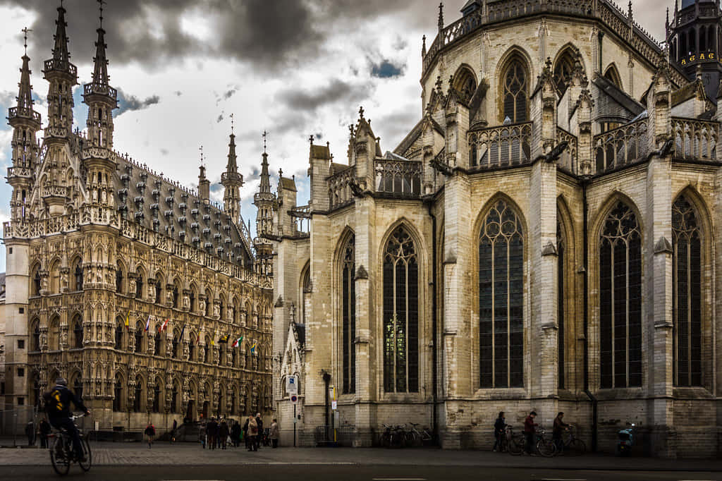 Gothic Architecture 桌布 壁紙 — 哥德式大教堂和華麗的市政廳在戲劇性的多雲天空下高聳，下方有行人和騎自行車者。
