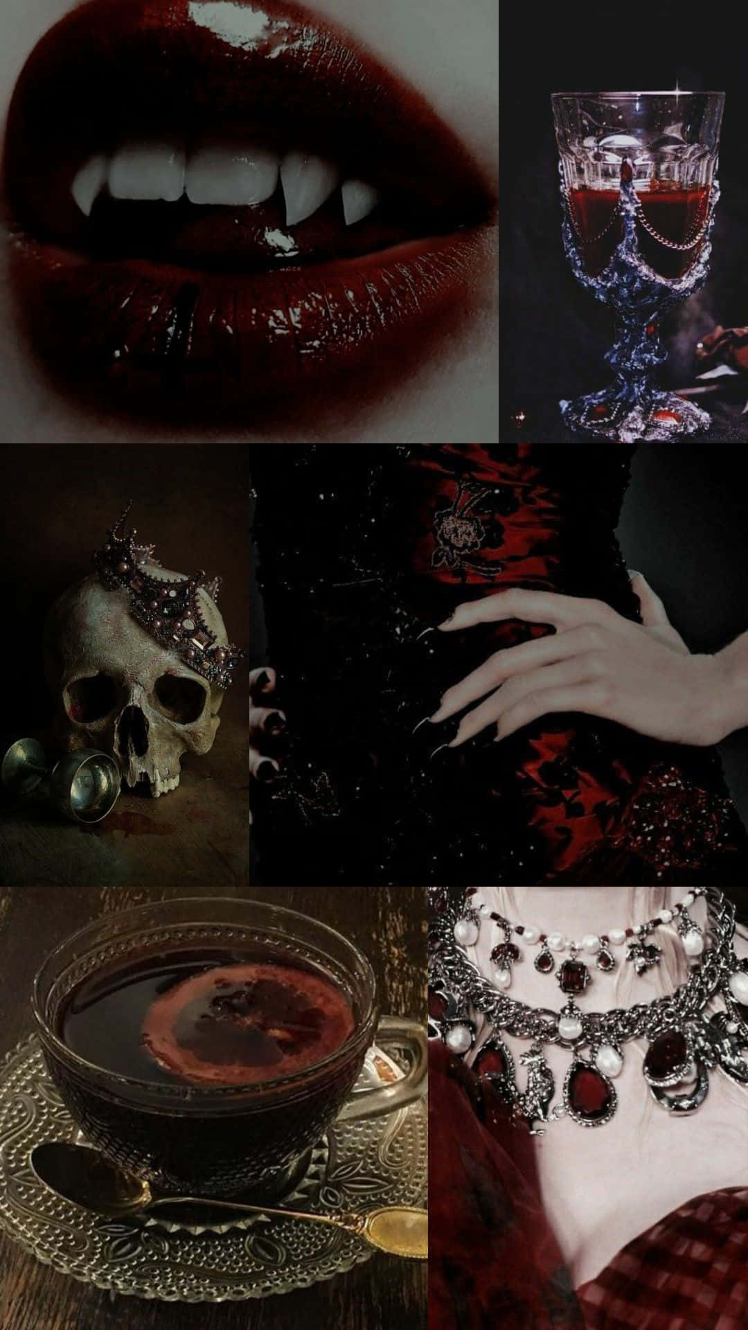 Vampire Aesthetic 桌布 壁紙 — 哥德式拼貼畫，以吸血鬼嘴唇、華麗頭骨、天鵝絨手、黑茶和珠寶項鍊為特色，背景為深紅和黑色。