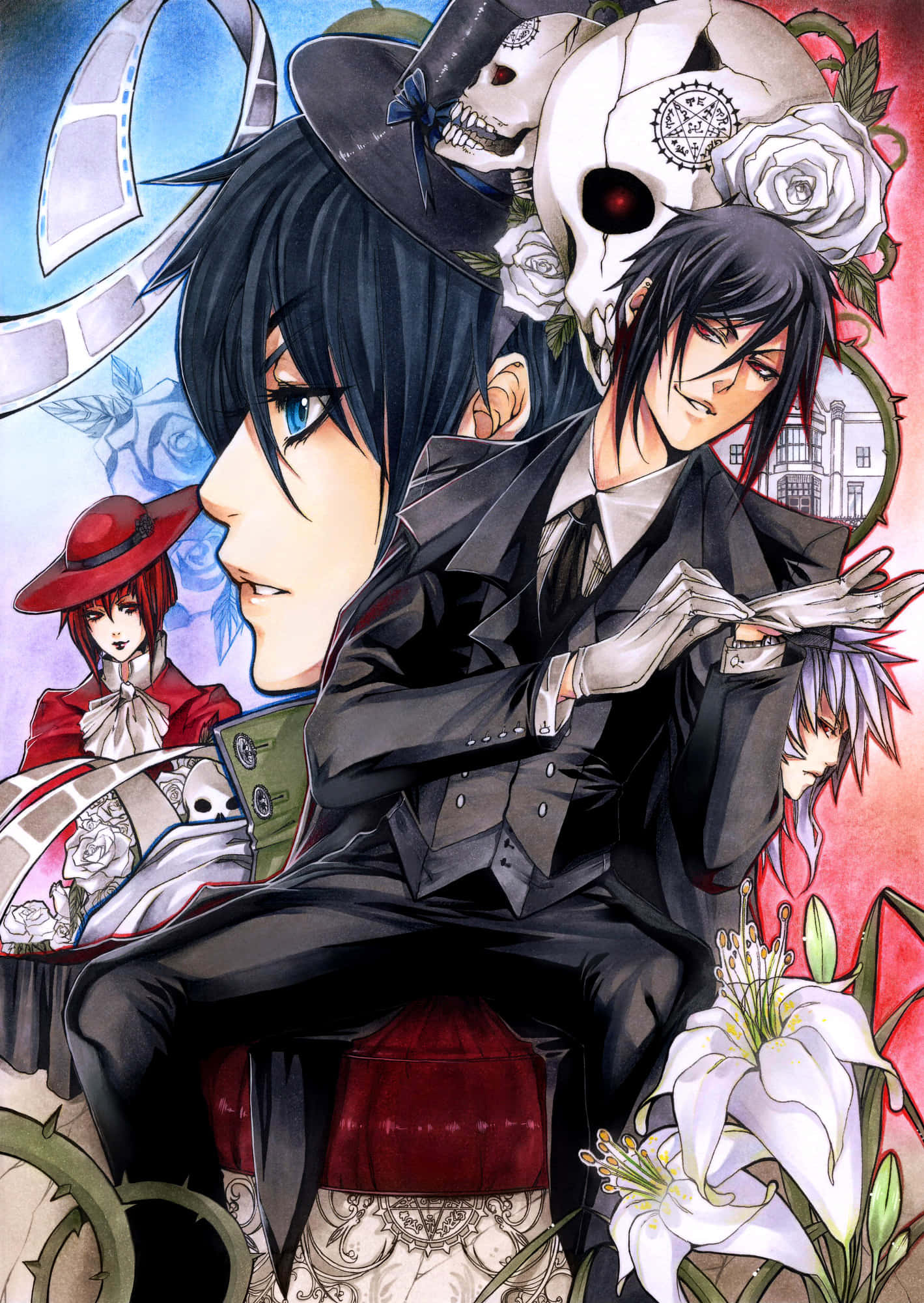 Black Butler Pluto 桌布 壁紙 — 哥德式服裝的動漫角色，帶有骷髏、玫瑰和膠片捲軸，構成戲劇性的畫面。