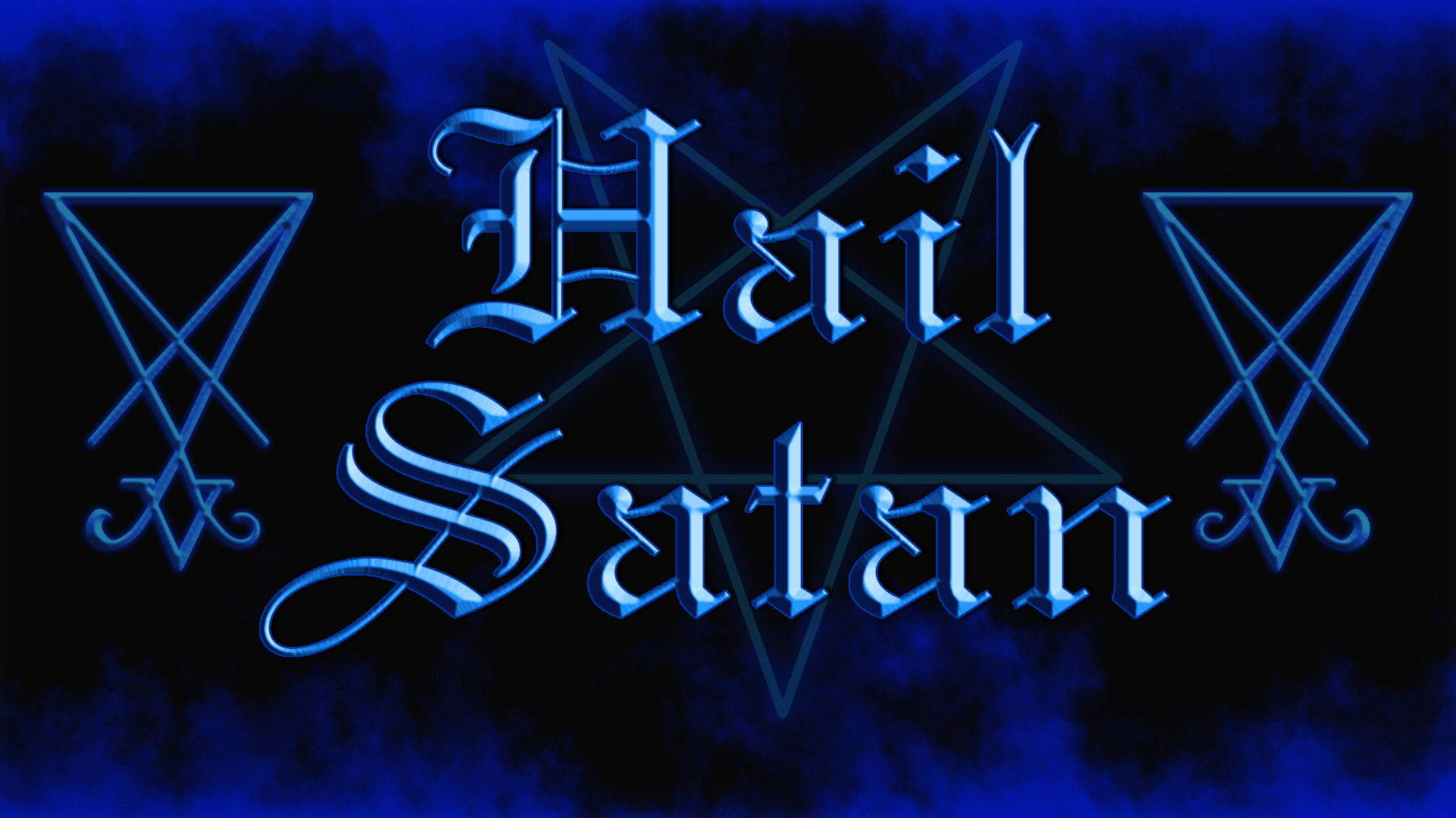 撒旦 桌布 壁紙 — 哥德式藍色文字 'Hail Satan' 在黑暗煙霧背景中發光，周圍環繞倒置五角星。