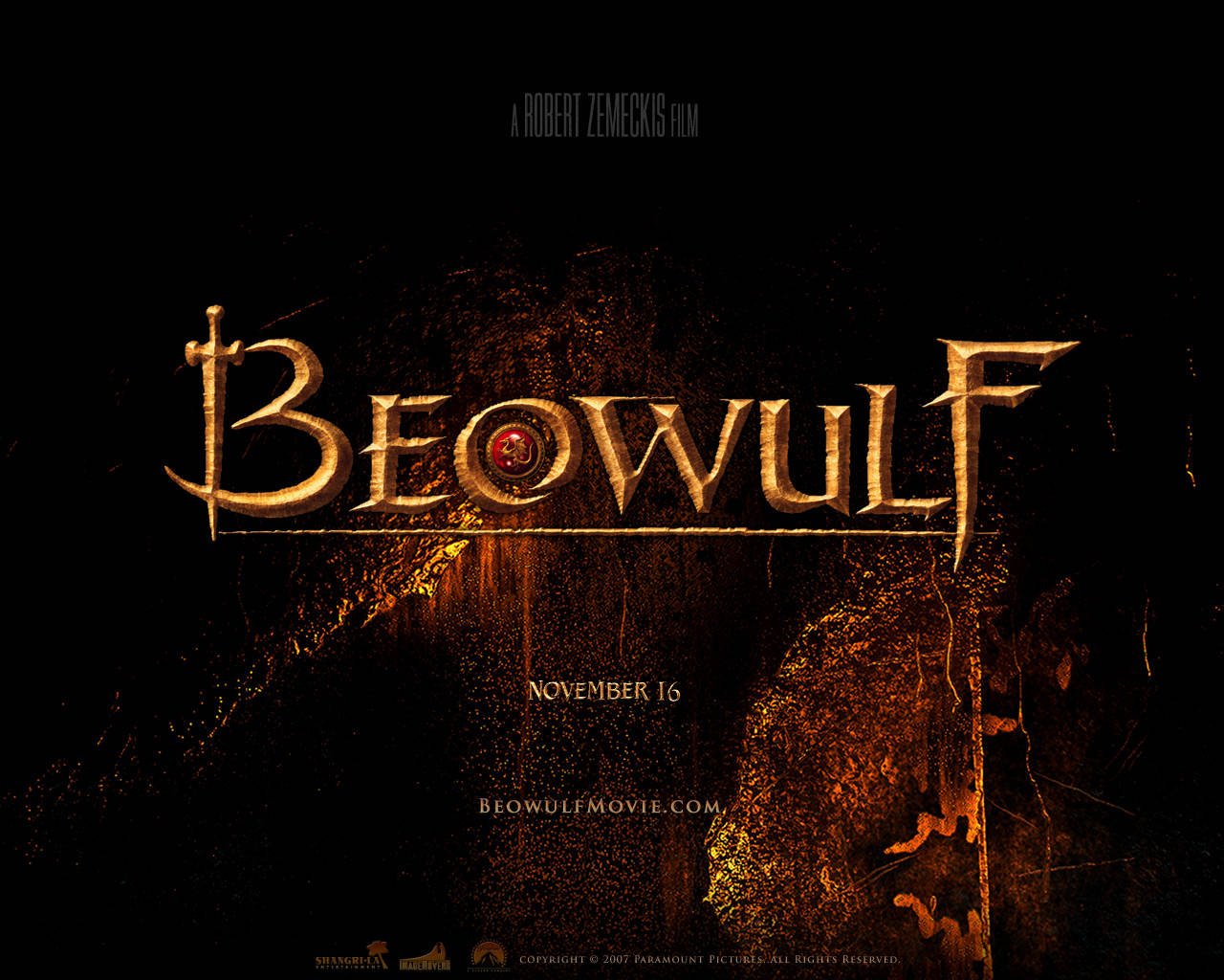 電影動圖 桌布 壁紙 — 哥德式金色標題 Beowulf 在帶有火橙色點綴和發行日期細節的深色紋理背景上發光。