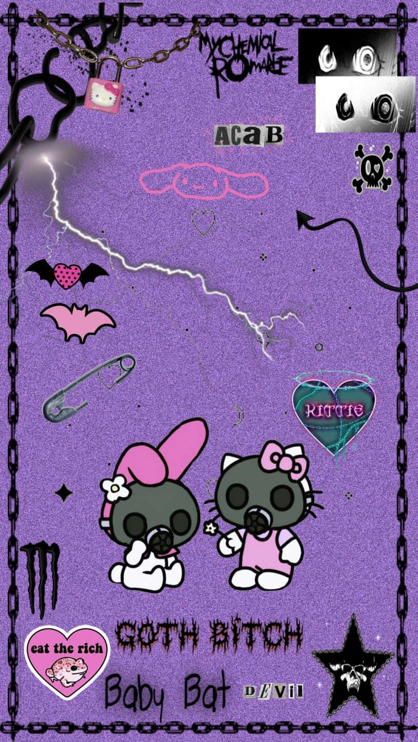 Emo Hello Kitty 桌布 壁紙 — 哥德風格的Hello Kitty角色，配有蝙蝠、鎖鏈和骷髏頭，位於帶有閃電和文字的紫色紋理背景上。