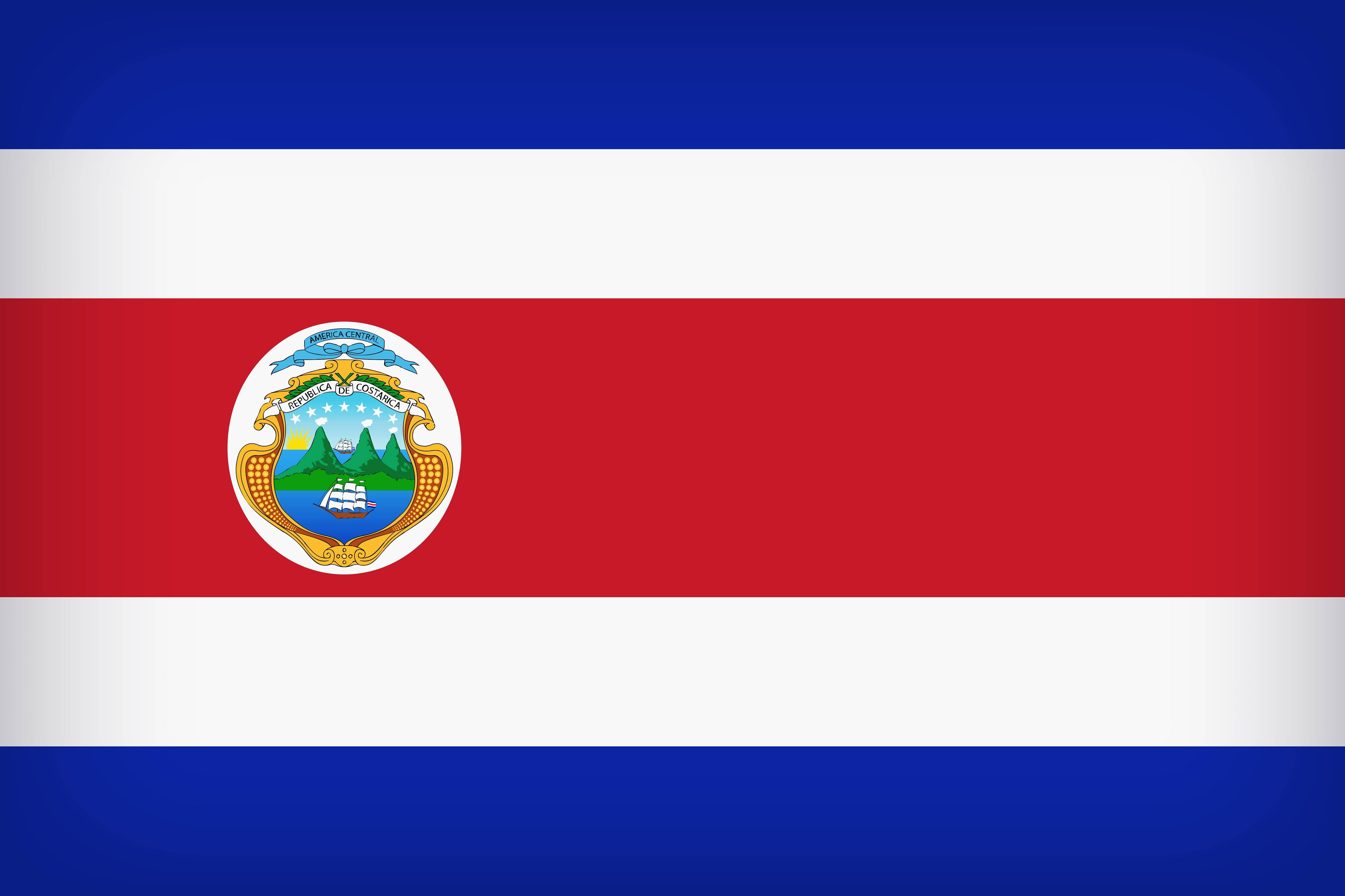 Costa 桌布 壁紙 — 哥斯大黎加國旗由五條水平條紋組成，顏色依次為藍、白、紅、白、藍，中央有國徽，描繪了山脈、船隻和太陽。