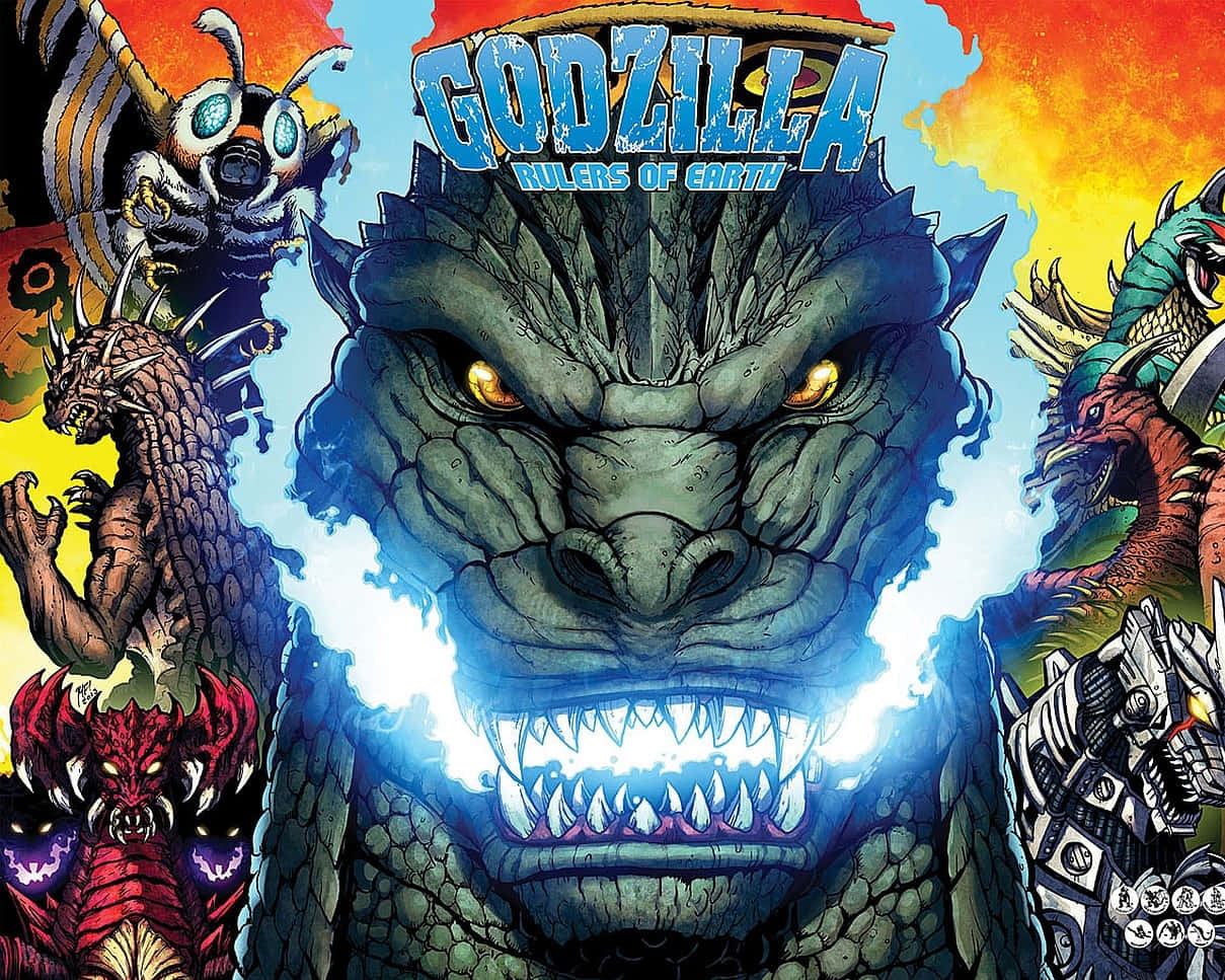 Godzilla Earth 桌布 壁紙 — 哥斯拉咆哮著，眼睛發光，原子吐息，周圍是威脅性的怪獸和怪物，在一個熾熱混亂的戰鬥場景中。