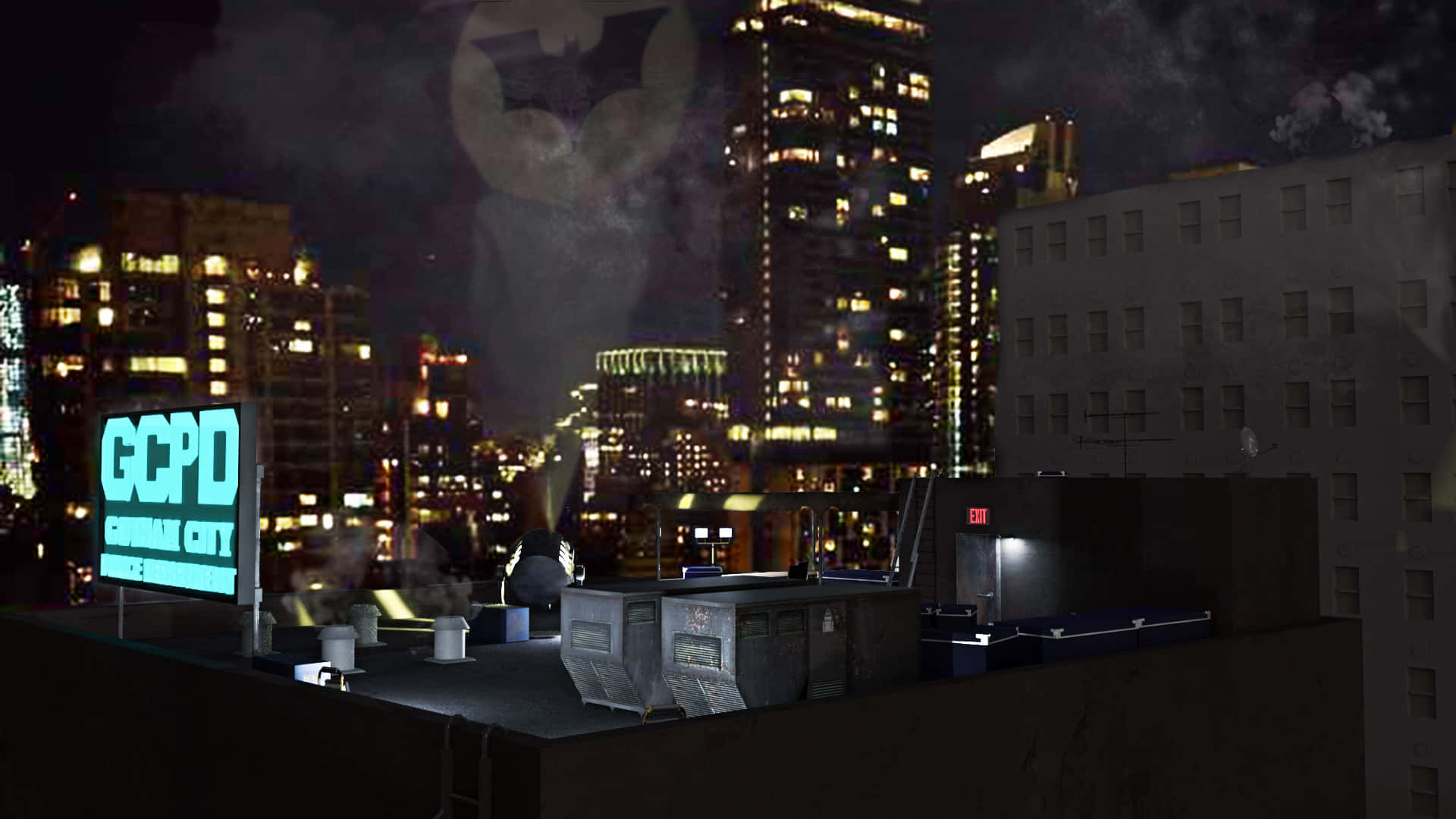 Gotham City Police Department 桌布 壁紙 — 哥譚市夜晚的屋頂景觀，煙霧繚繞的天空中閃爍著GCPD標誌和蝙蝠標誌。
