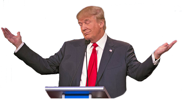 donald trump 桌布 壁紙 — 唐納·川普站在講台上，雙臂張開，身穿深色西裝、紅色領帶和白色襯衫，背景為黑色。
