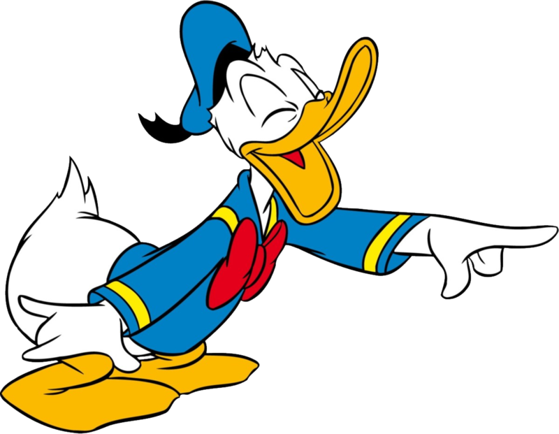 Cartoon Characters 桌布 壁紙 — 唐老鴨以經典卡通風格，在黑色背景前露出愉快笑容，向前指著。
