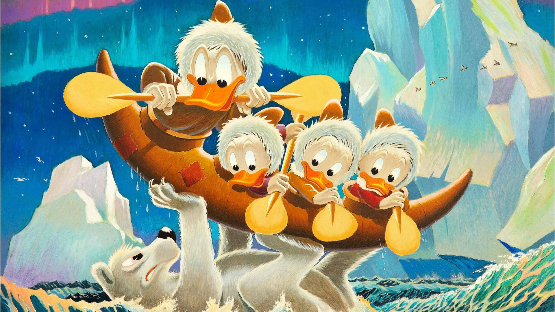 Scrooge 桌布 壁紙 — 唐老鴨和他的三個姪子划著獨木舟穿過冰冷的水域，一隻北極熊在下方頑皮地潑水。