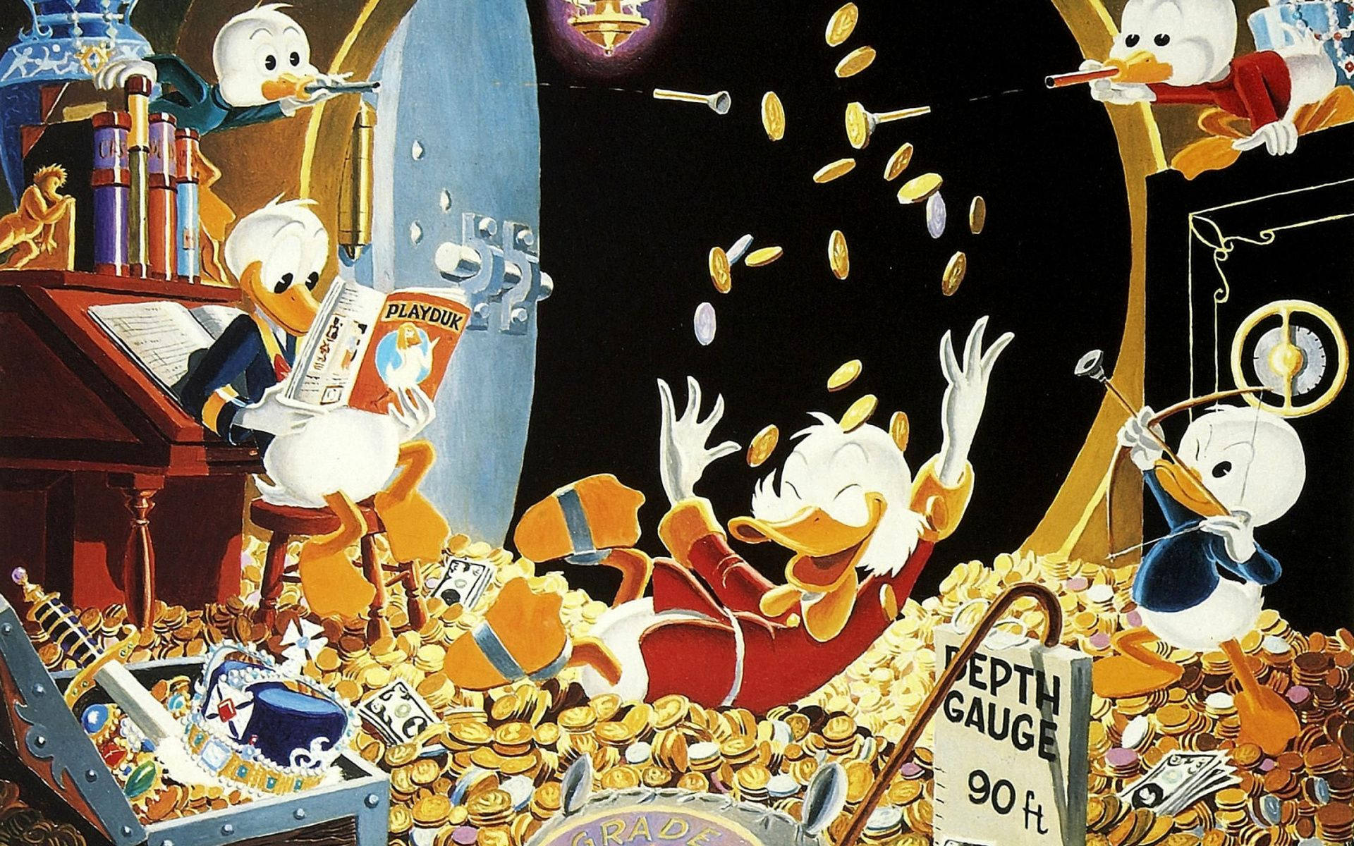 Scrooge 桌布 壁紙 — 唐老鴨和他的侄子們在一個充滿寶藏的水下洞穴中慶祝，洞穴裡堆滿了金幣和現金。