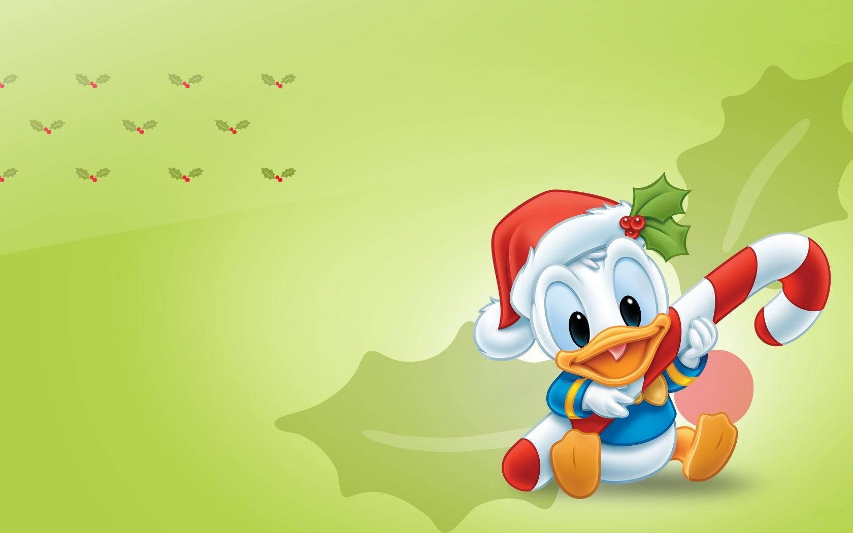 Duck 桌布 壁紙 — 唐老鴨戴著紅色聖誕帽，拿著拐杖糖，背景是柔和的綠色，周圍有漂浮的冬青枝。