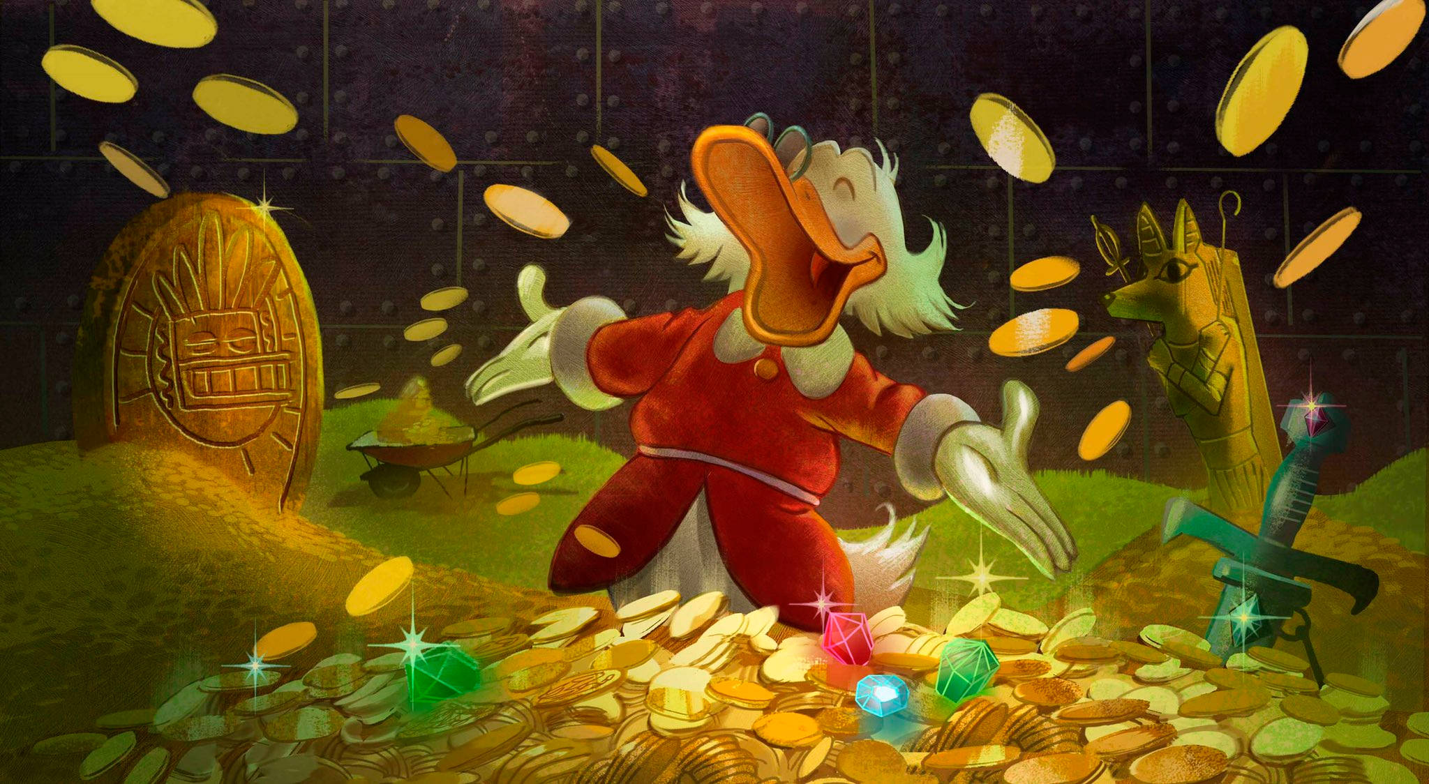 Scrooge 桌布 壁紙 — 唐老鴨身穿紅色長袍，愉快地站在一個堆滿金幣和閃閃發光寶石的寶藏室中。