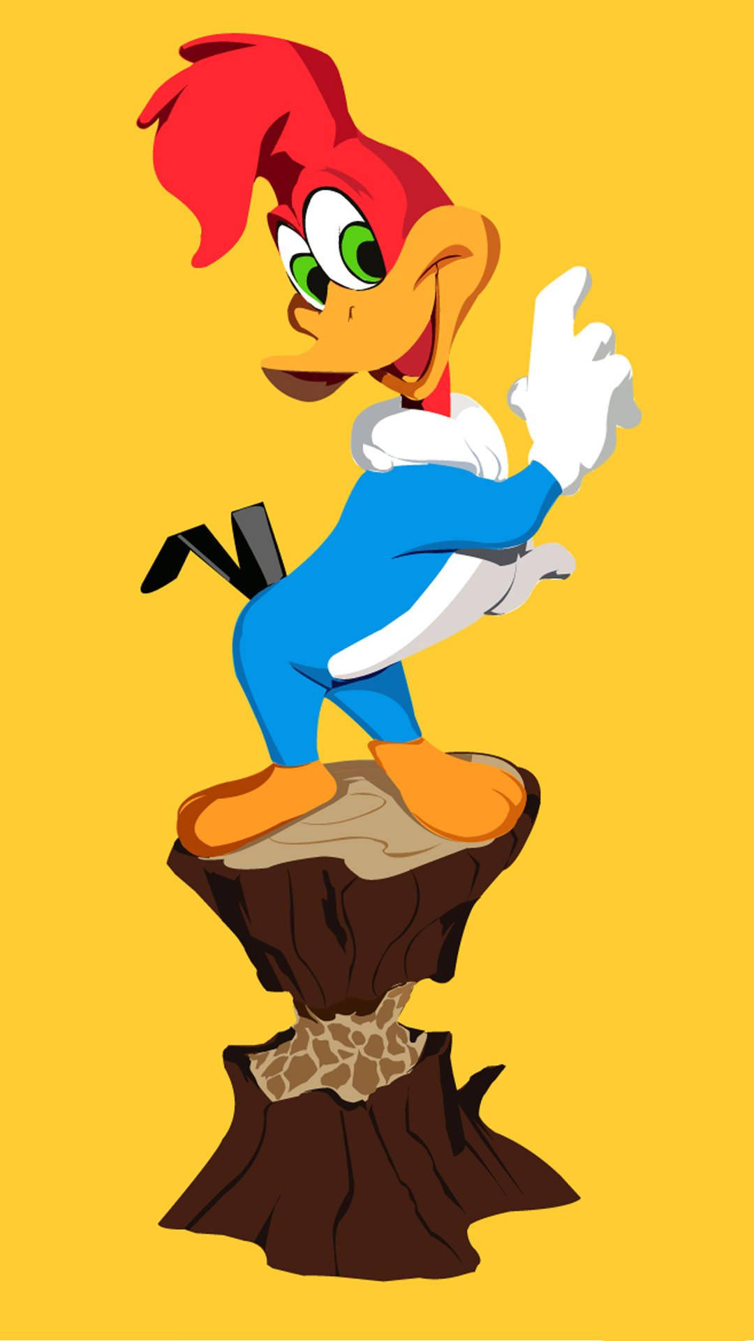 Woody Woodpecker 桌布 壁紙 — 啄木鳥 Woody 愉快地站在樹樁上，背景為純黃色，一隻手指向上方。