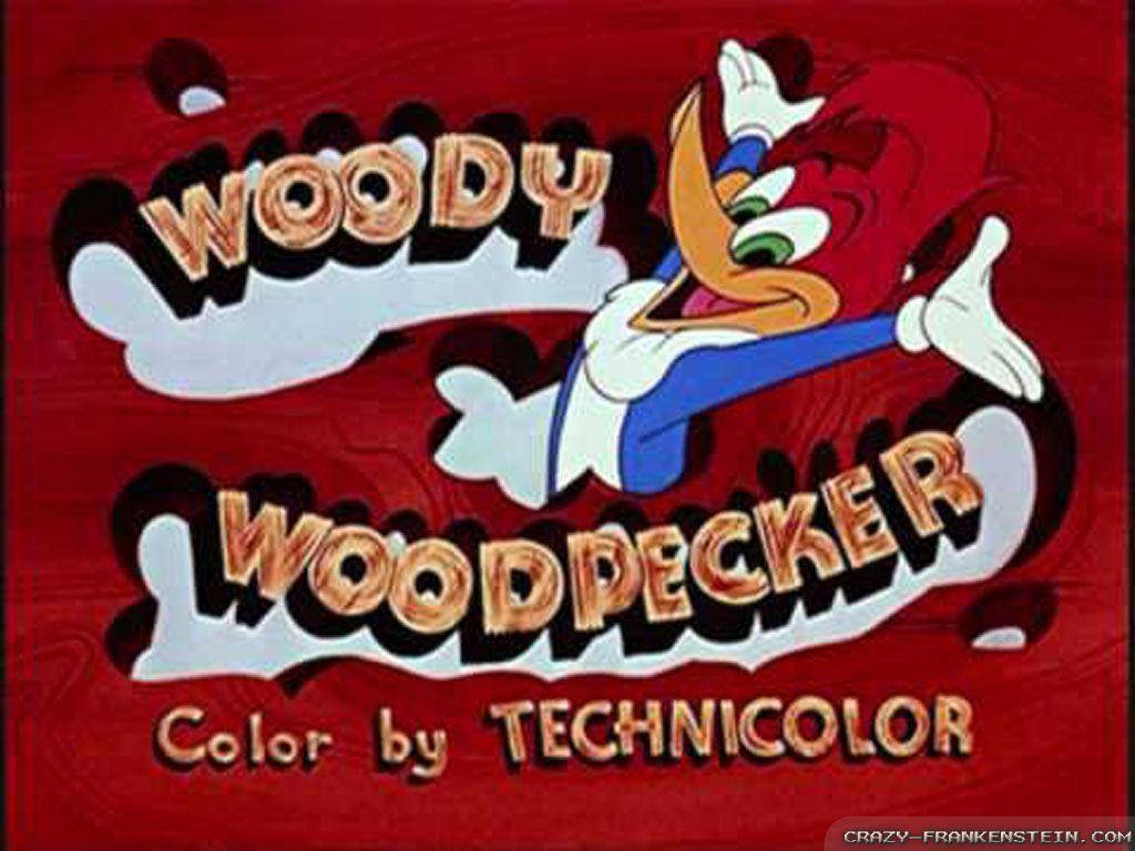 Woody Woodpecker 桌布 壁紙 — 啄木鳥伍迪卡通標誌，紅色背景，粗體文字，經典1940年代動畫風格。