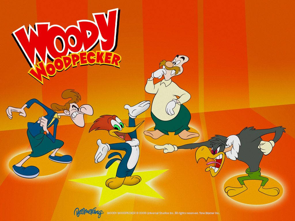 Woody Woodpecker 桌布 壁紙 — 啄木鳥伍迪和他的卡通朋友們在充滿活力的橙色漸變背景上擺出動態姿勢。