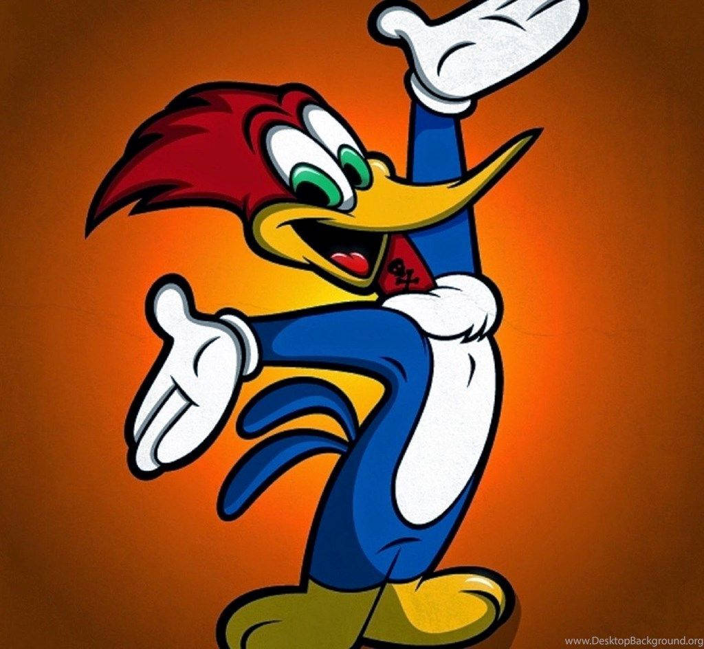 Woody Woodpecker 桌布 壁紙 — 啄木鳥卡通角色身穿藍色西裝和紅色帽子，在溫暖的橙色漸變背景前擺出歡樂姿勢。